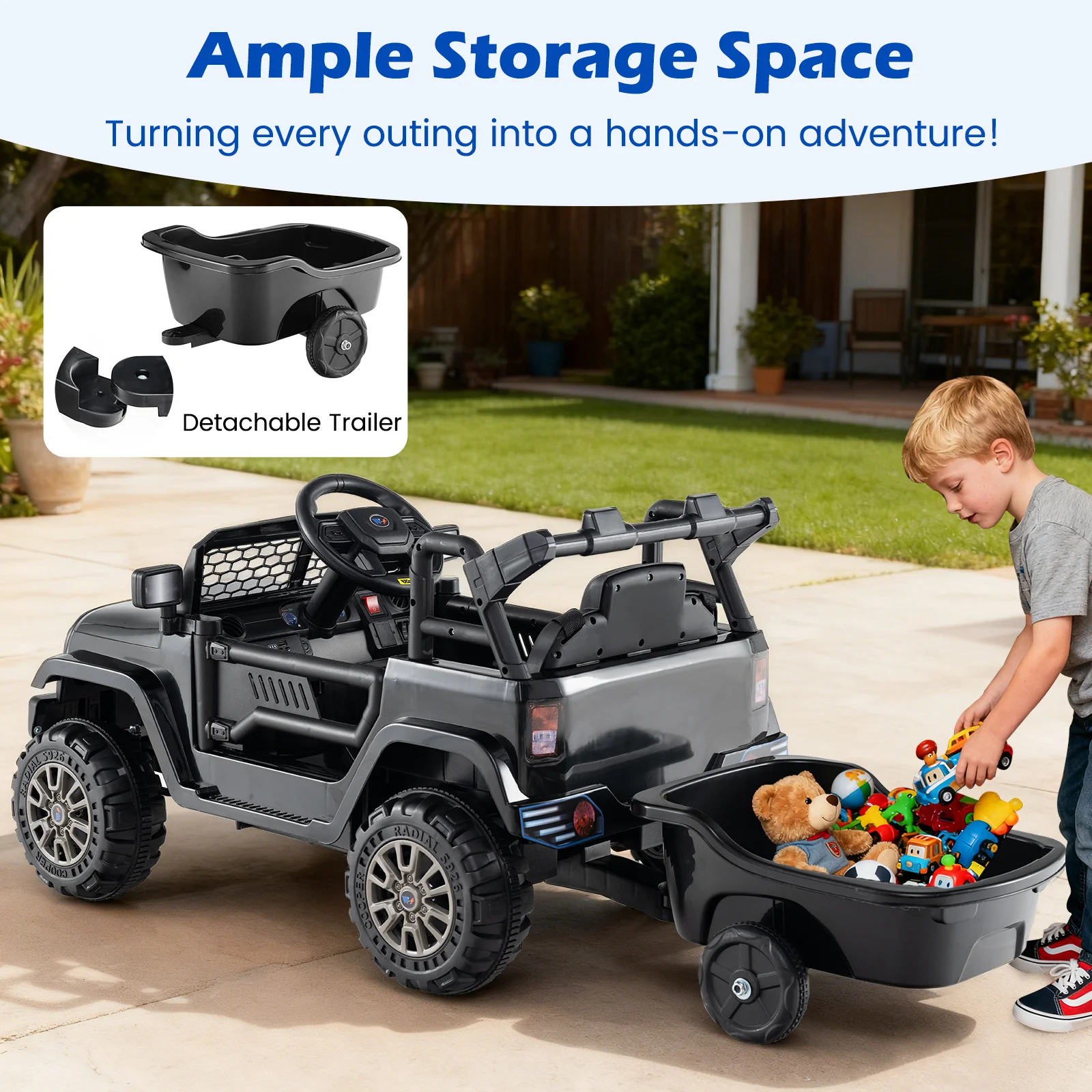 Kids Ride On UTV Car with Detachable Trailer 12V Battery Powered Ride On Truck, Black - Image 10
