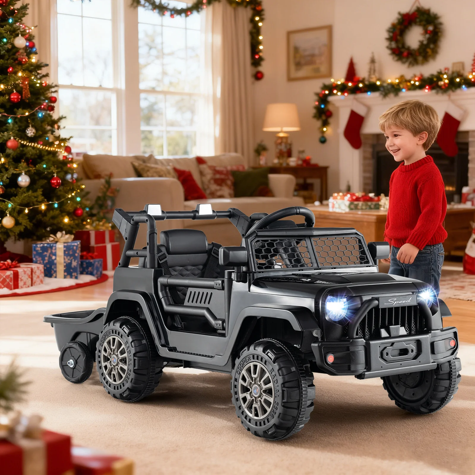 Kids Ride On UTV Car with Detachable Trailer 12V Battery Powered Ride On Truck, Black - Image 2