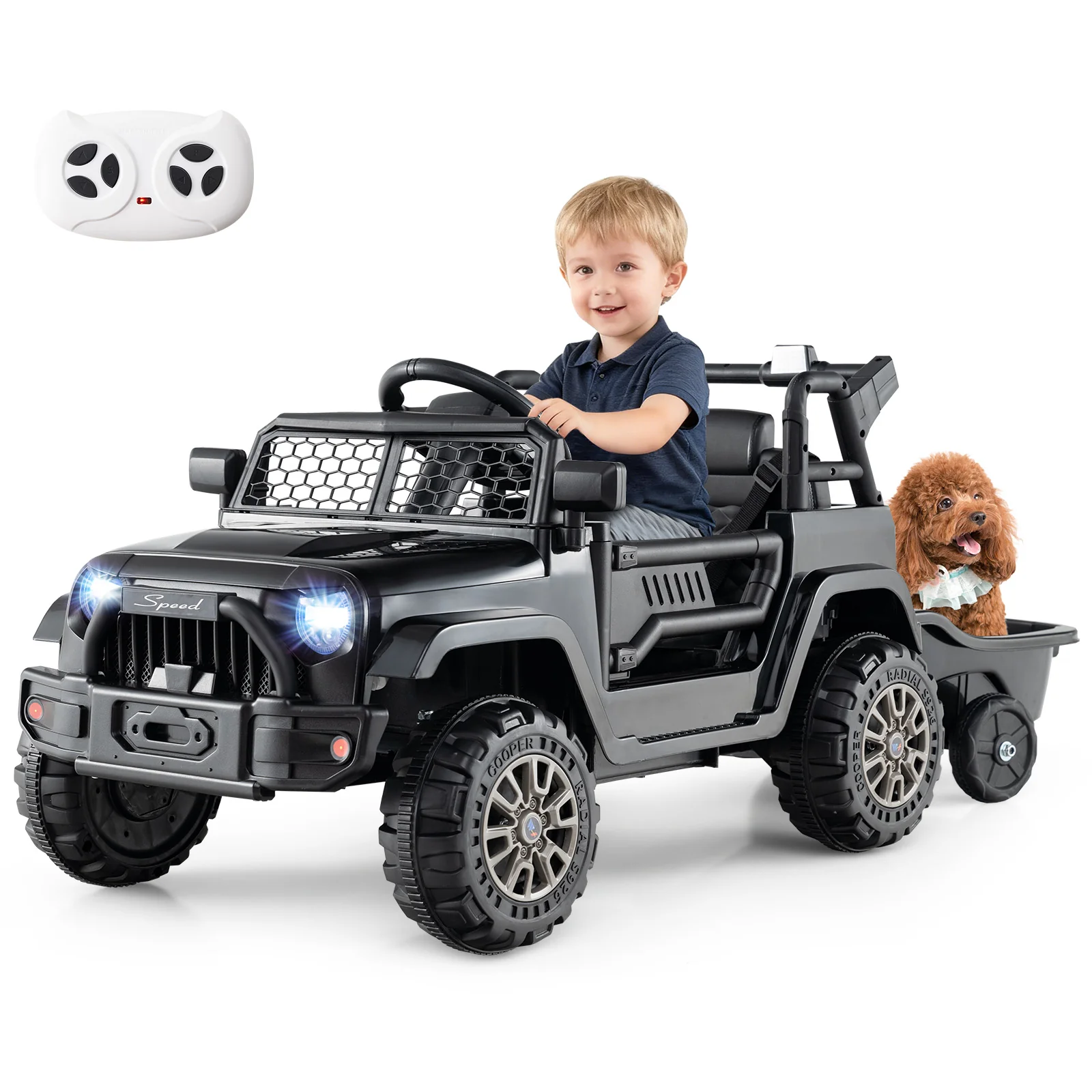 Kids Ride On UTV Car with Detachable Trailer 12V Battery Powered Ride On Truck, Black - Image 4