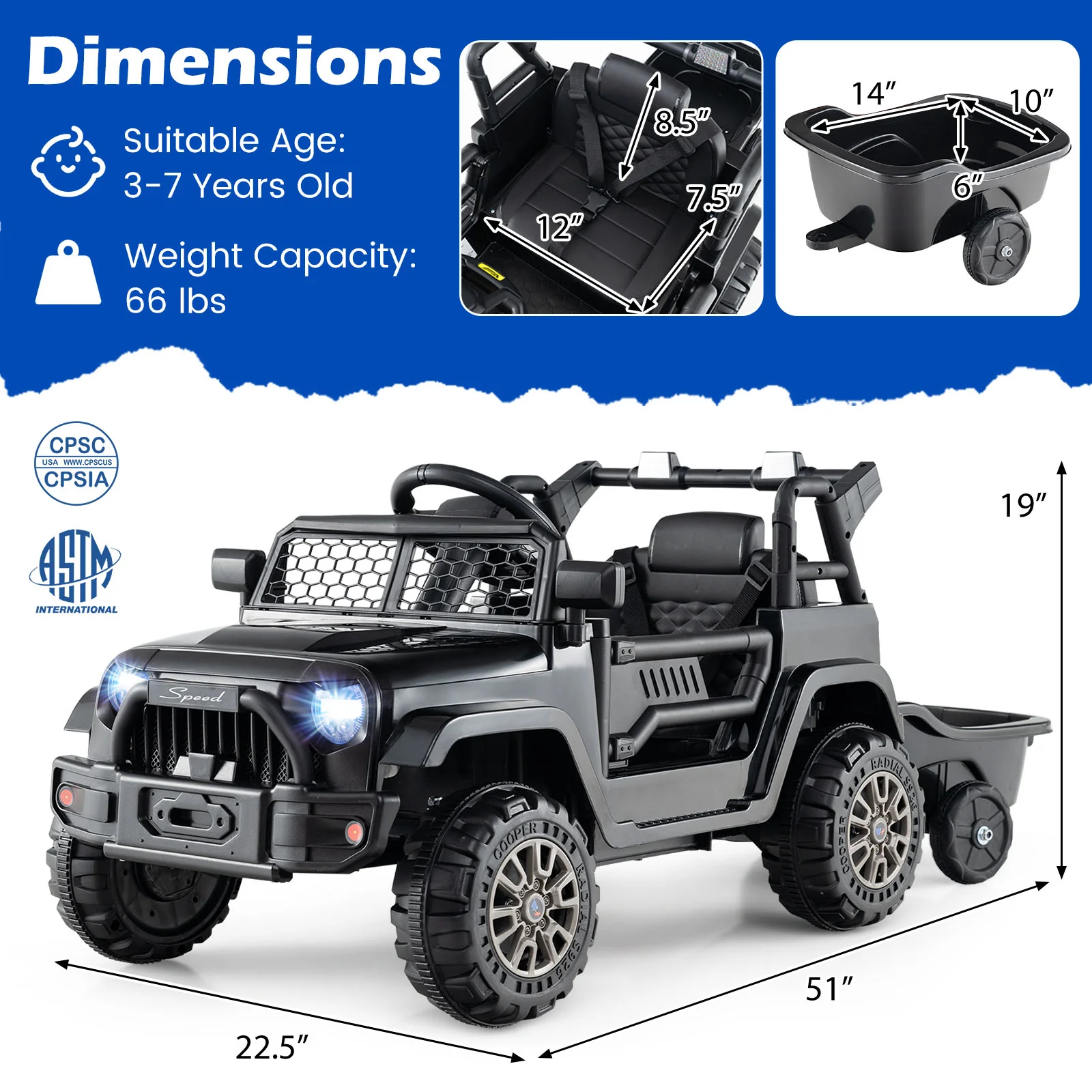 Kids Ride On UTV Car with Detachable Trailer 12V Battery Powered Ride On Truck, Black - Image 5