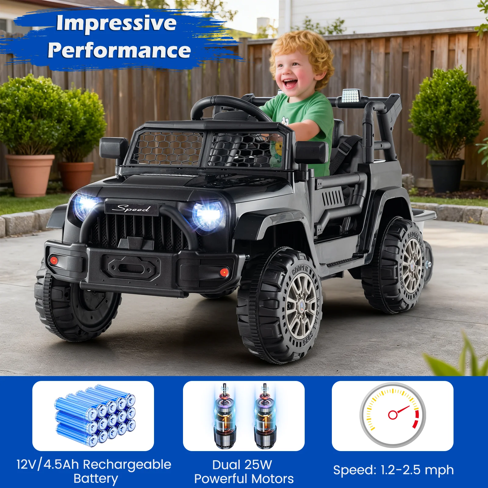 Kids Ride On UTV Car with Detachable Trailer 12V Battery Powered Ride On Truck, Black - Image 6