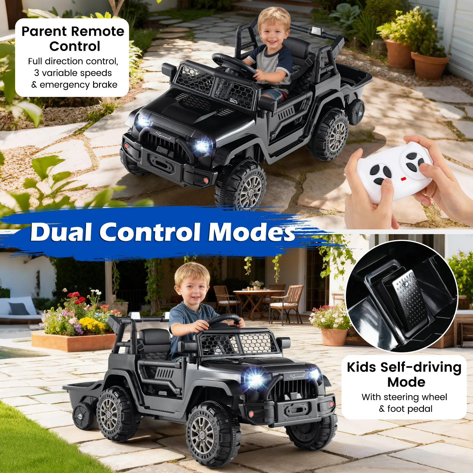 Kids Ride On UTV Car with Detachable Trailer 12V Battery Powered Ride On Truck, Black - Image 7
