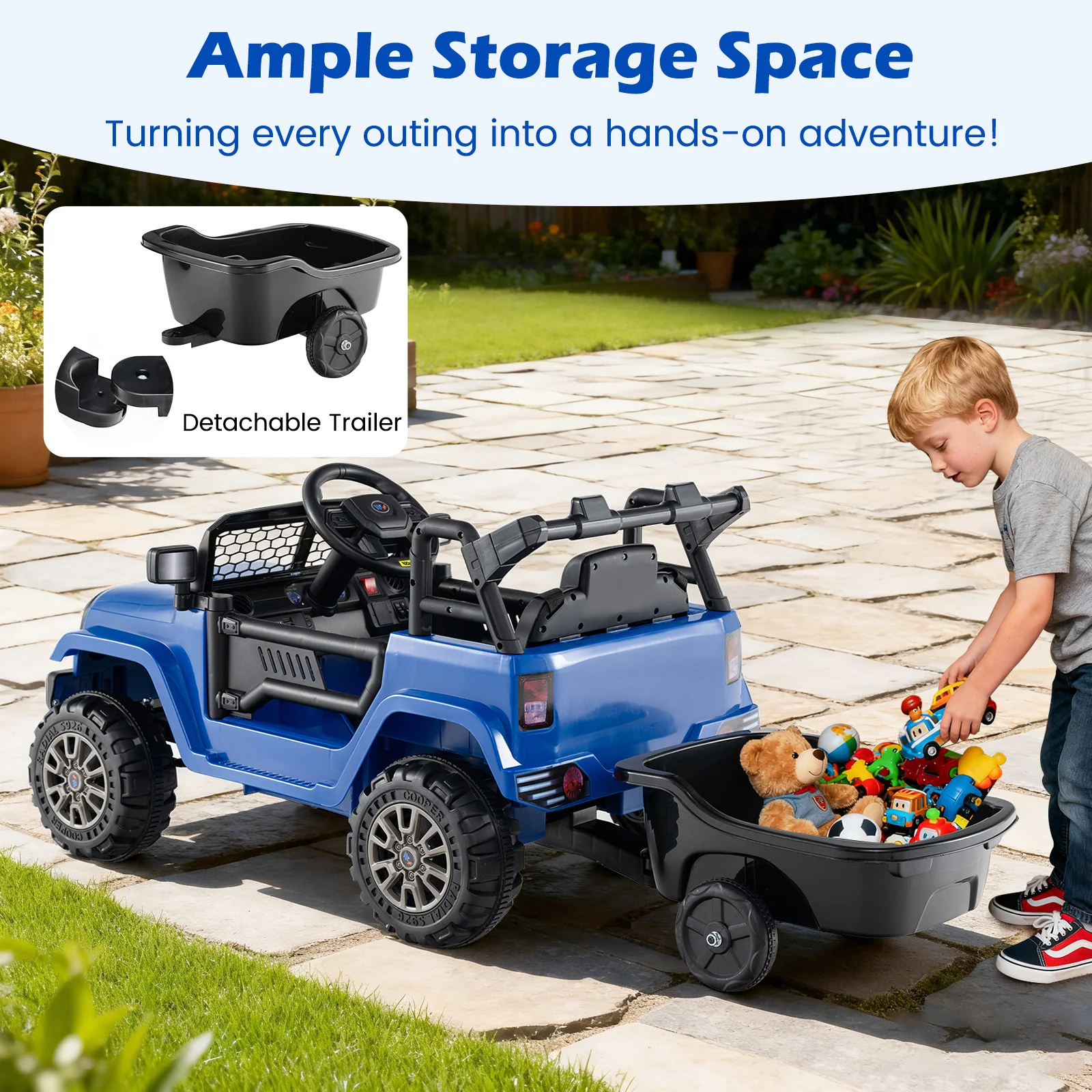 Kids Ride On UTV Car with Detachable Trailer 12V Battery Powered Ride On Truck, Navy - Image 10