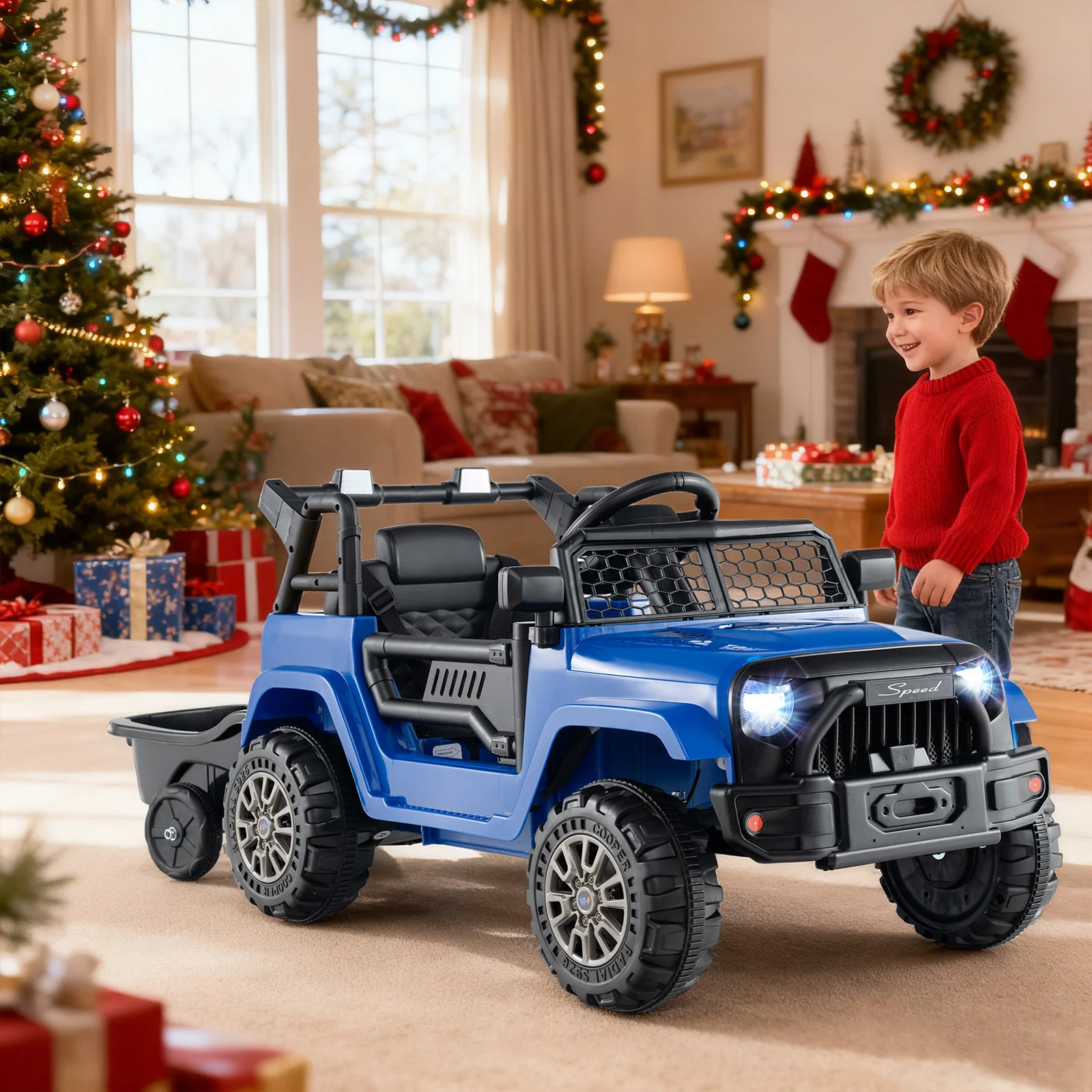 Kids Ride On UTV Car with Detachable Trailer 12V Battery Powered Ride On Truck, Navy - Image 2