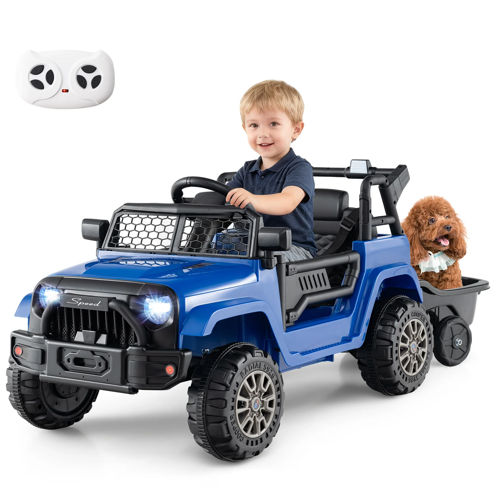 Kids Ride On UTV Car with Detachable Trailer 12V Battery Powered Ride On Truck, Navy - Image 4