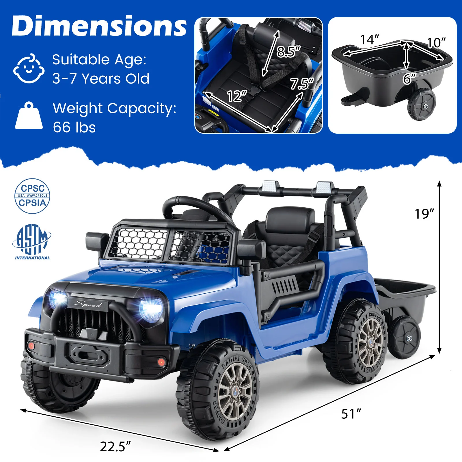 Kids Ride On UTV Car with Detachable Trailer 12V Battery Powered Ride On Truck, Navy - Image 5