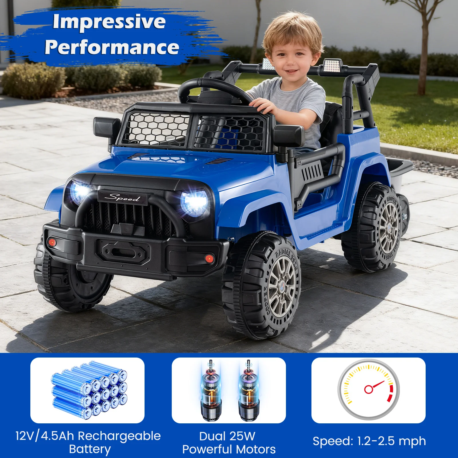 Kids Ride On UTV Car with Detachable Trailer 12V Battery Powered Ride On Truck, Navy - Image 6