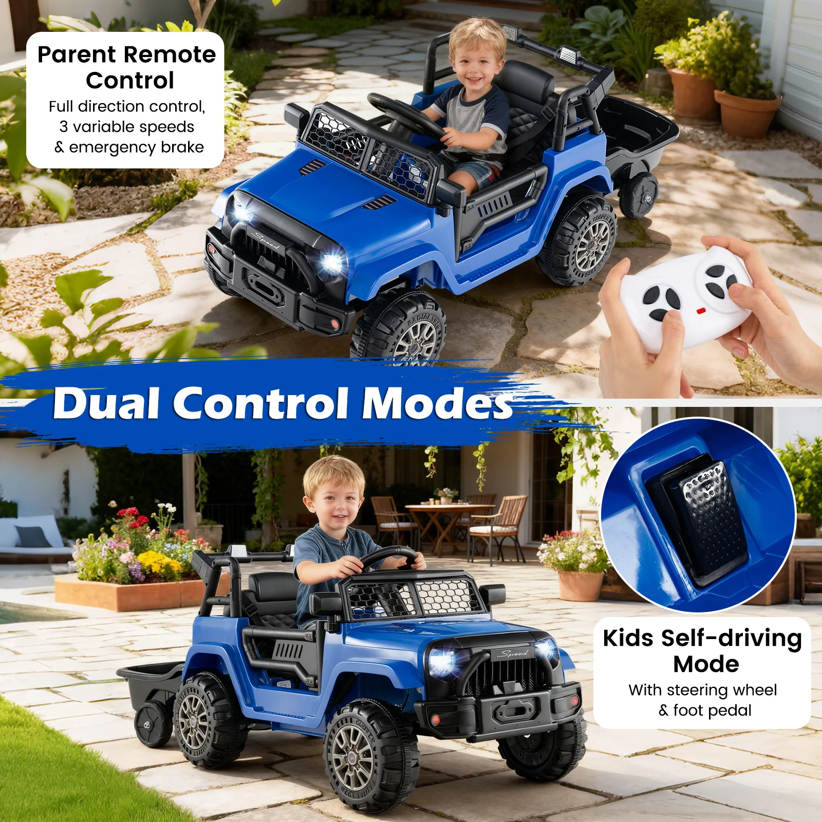 Kids Ride On UTV Car with Detachable Trailer 12V Battery Powered Ride On Truck, Navy - Image 7