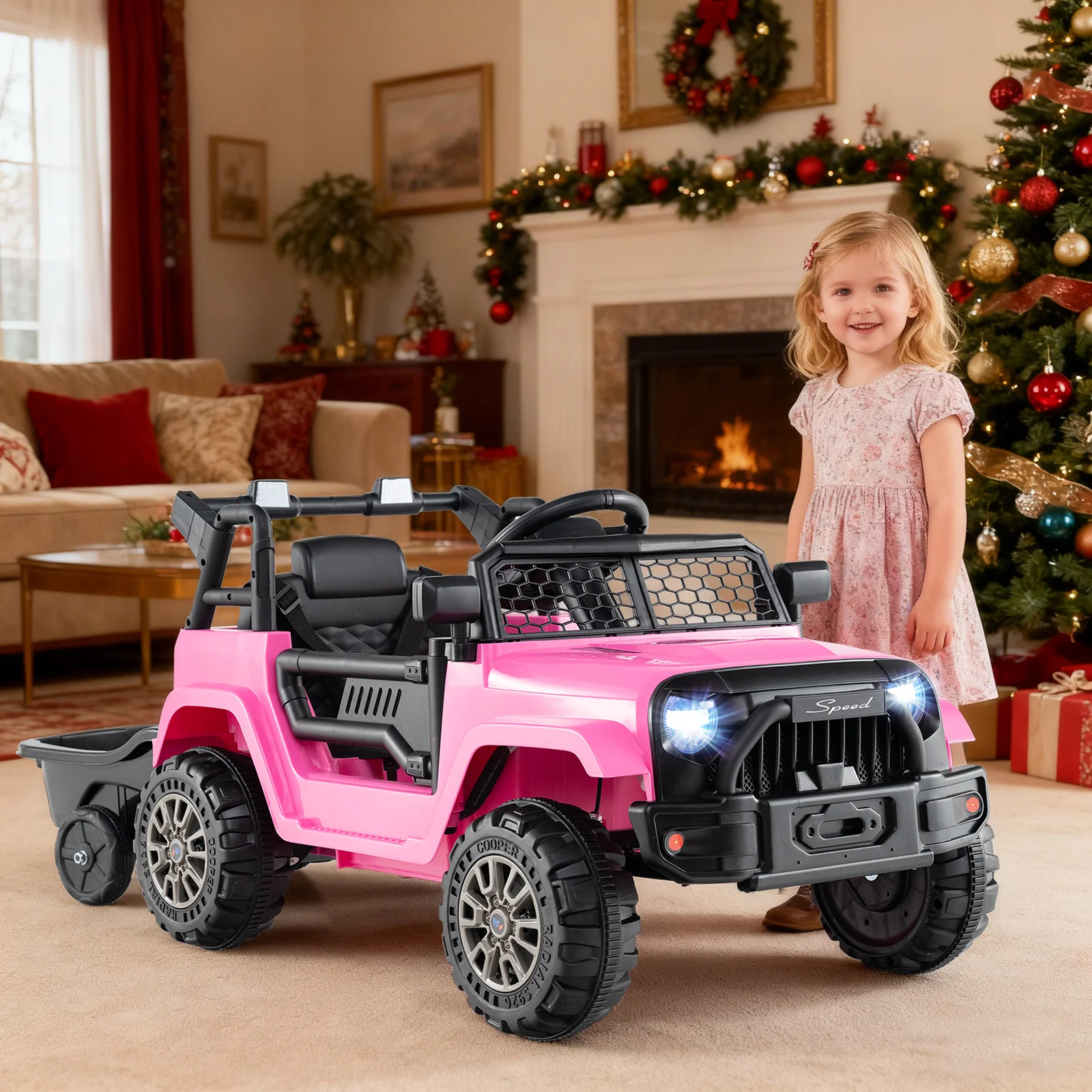 Kids Ride On UTV Car with Detachable Trailer 12V Battery Powered Ride On Truck, Pink - Image 2
