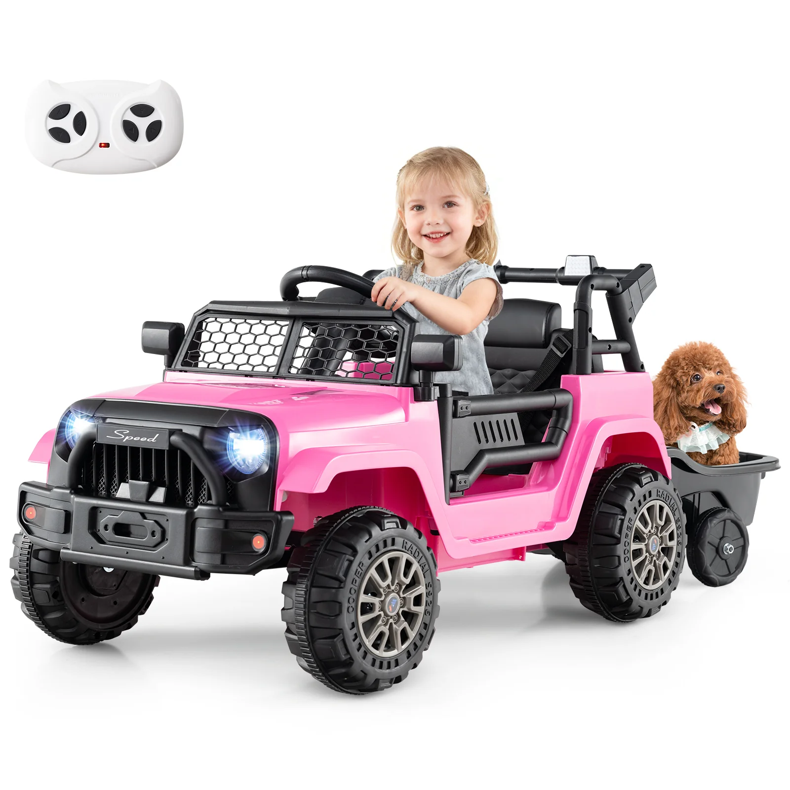 Kids Ride On UTV Car with Detachable Trailer 12V Battery Powered Ride On Truck, Pink - Image 4