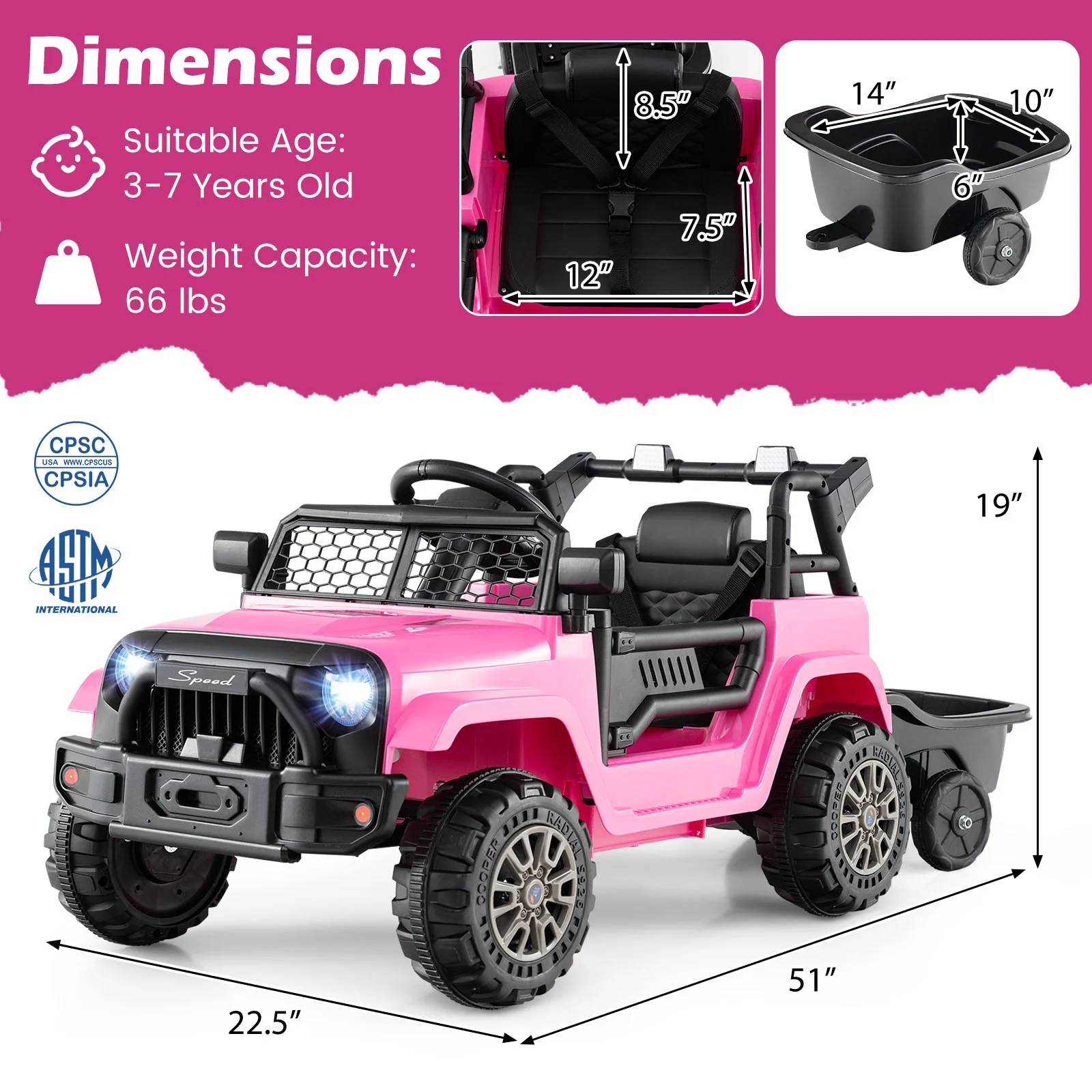 Kids Ride On UTV Car with Detachable Trailer 12V Battery Powered Ride On Truck, Pink - Image 5