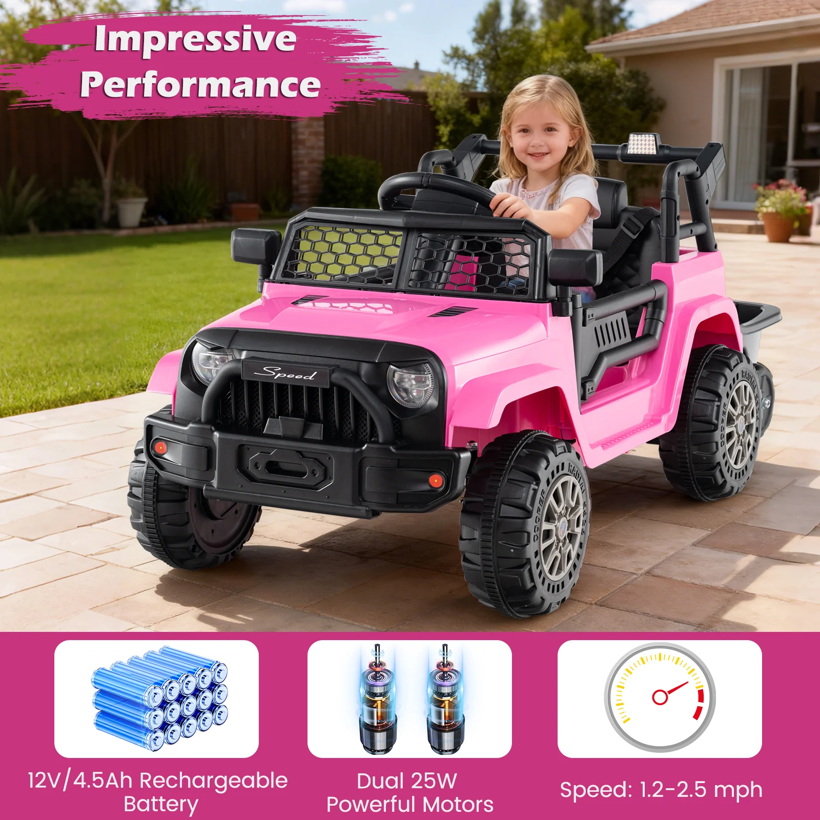 Kids Ride On UTV Car with Detachable Trailer 12V Battery Powered Ride On Truck, Pink - Image 6