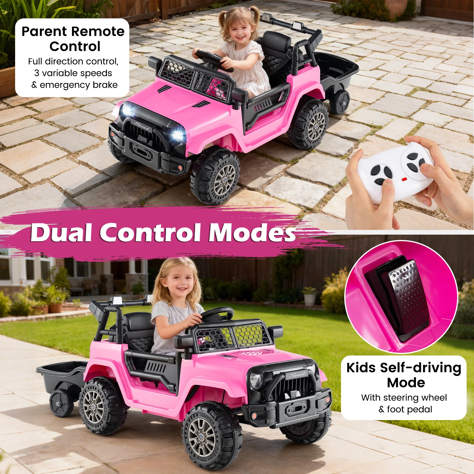 Kids Ride On UTV Car with Detachable Trailer 12V Battery Powered Ride On Truck, Pink - Image 7