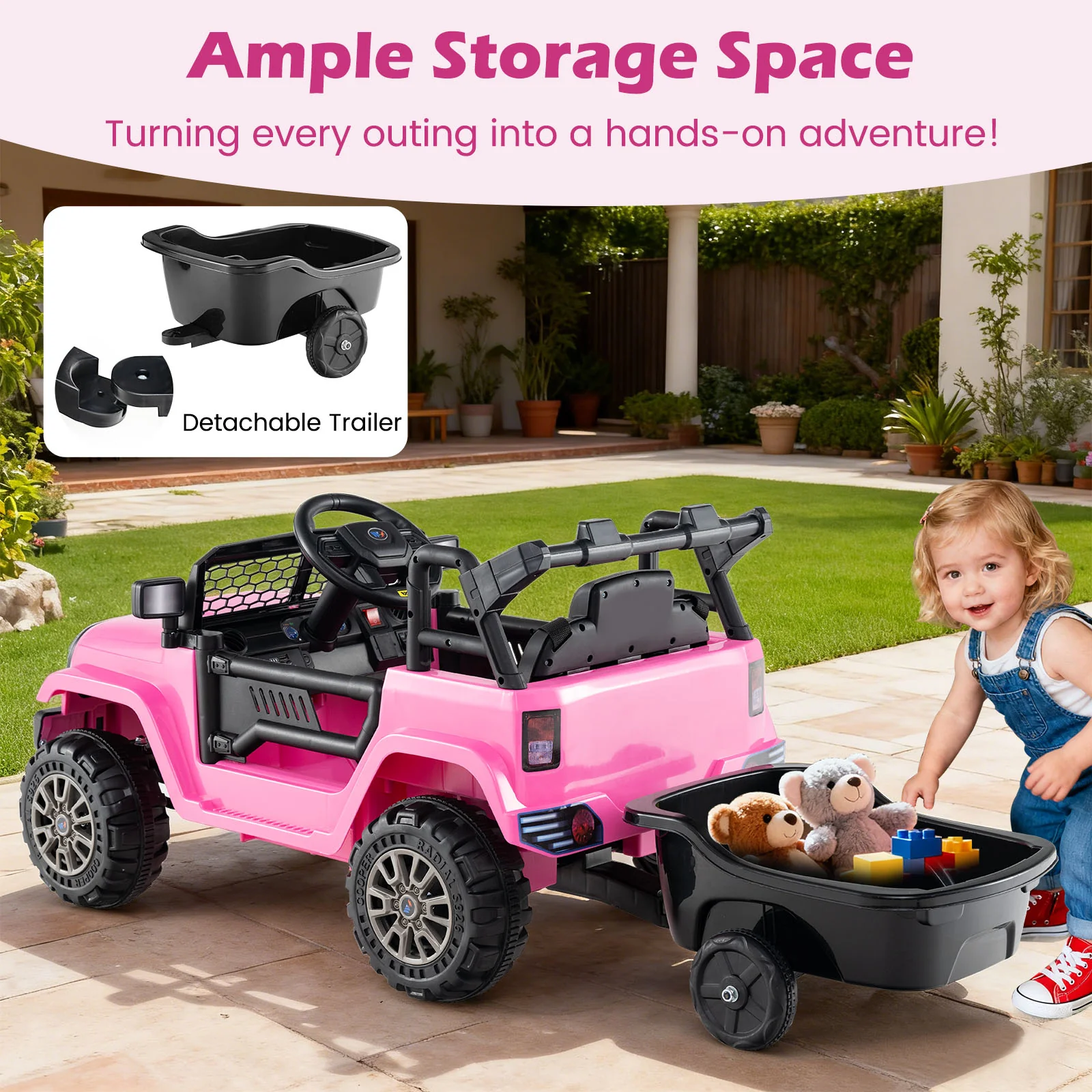 Kids Ride On UTV Car with Detachable Trailer 12V Battery Powered Ride On Truck, Pink - Image 9