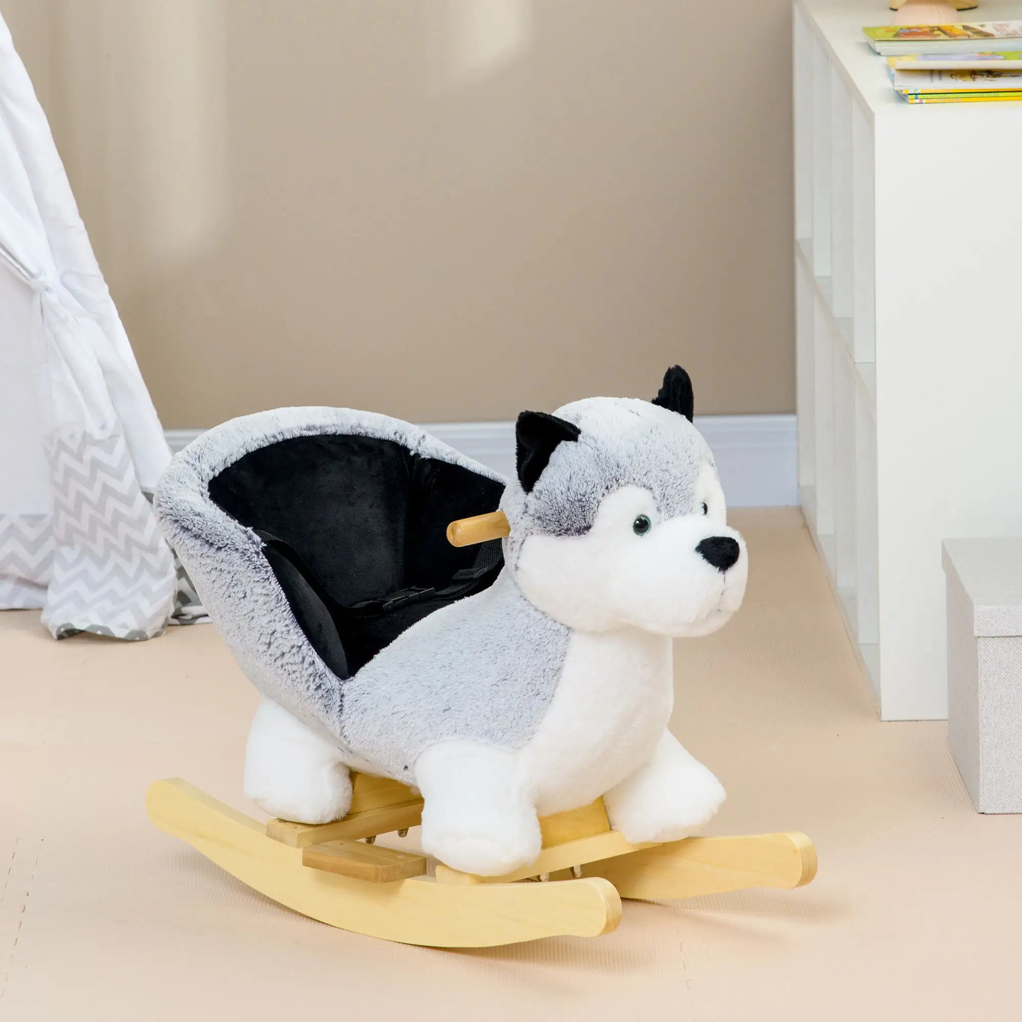 Kids Rocking Horse, Husky Plush Ride on Toy, Wooden Base, Seat Belt, 18-36 Months, Grey - Image 8