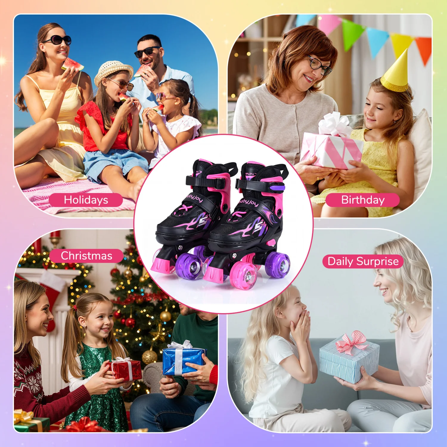 Kids Roller Skates, 4 Sizes Adjustable, Light-Up Wheels, Pink - Image 10