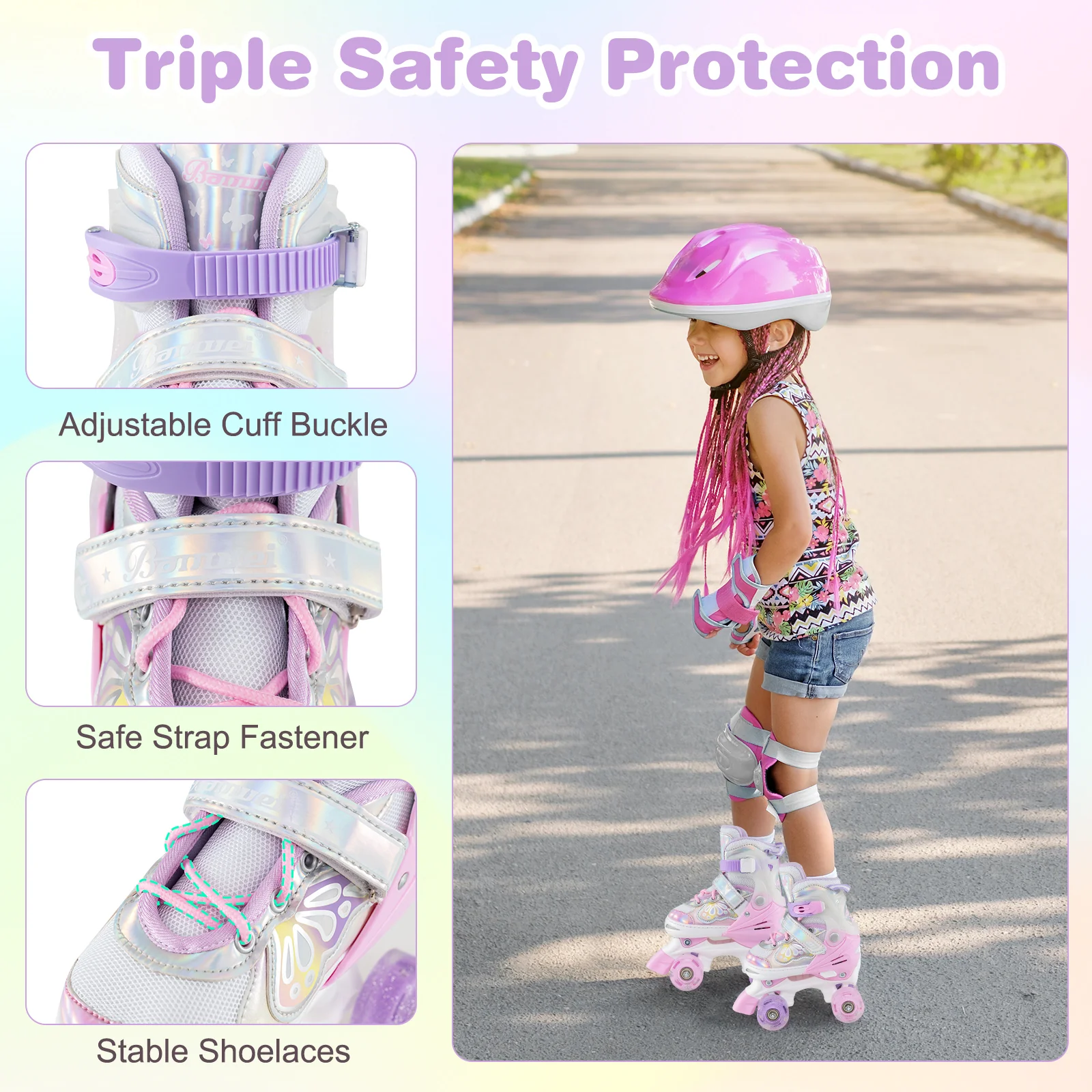Kids Roller Skates 4 Sizes Adjustable Quad Skates with Light-up Wheels and Safety Protection, Pink - Image 10
