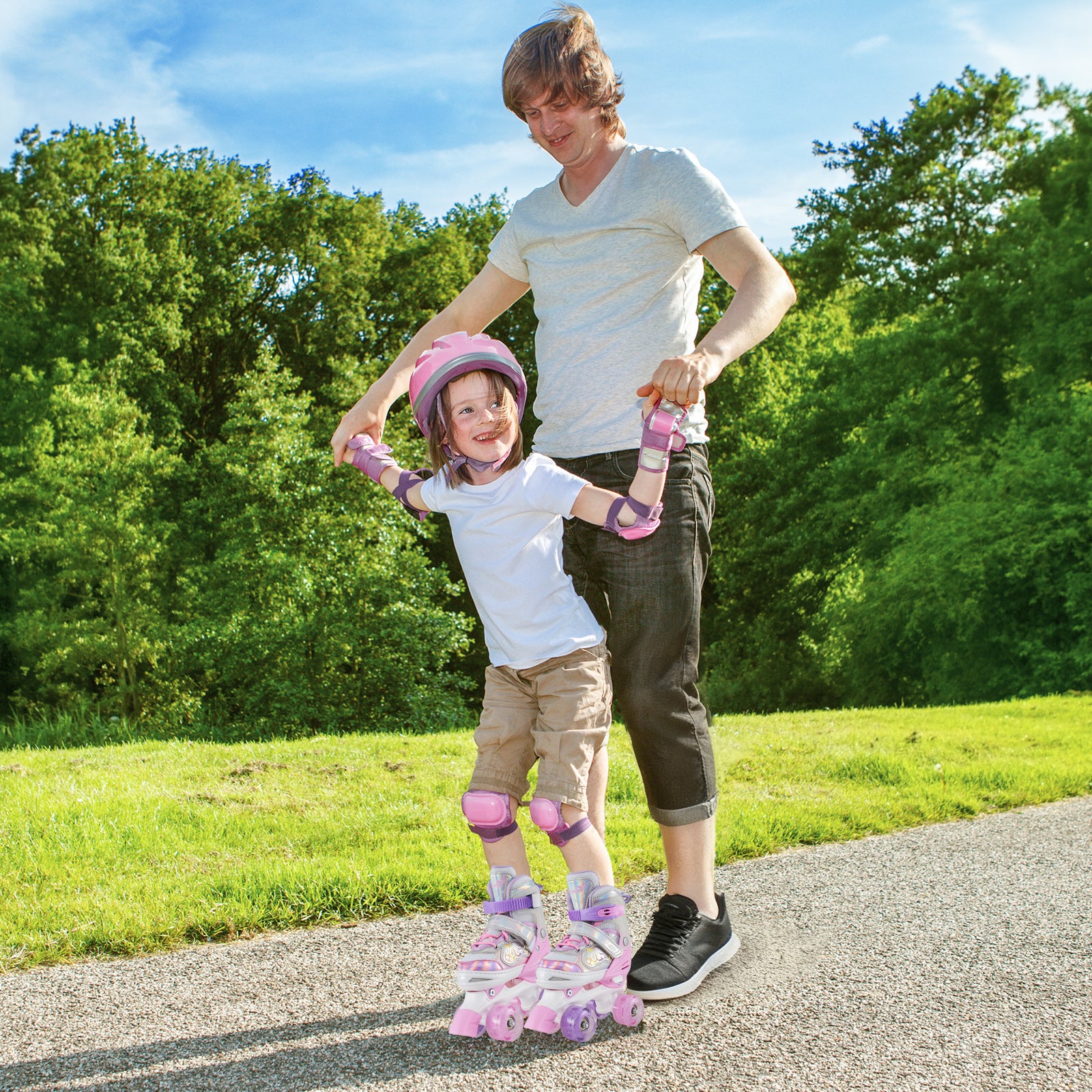 Kids Roller Skates 4 Sizes Adjustable Quad Skates with Light-up Wheels and Safety Protection, Pink - Image 3