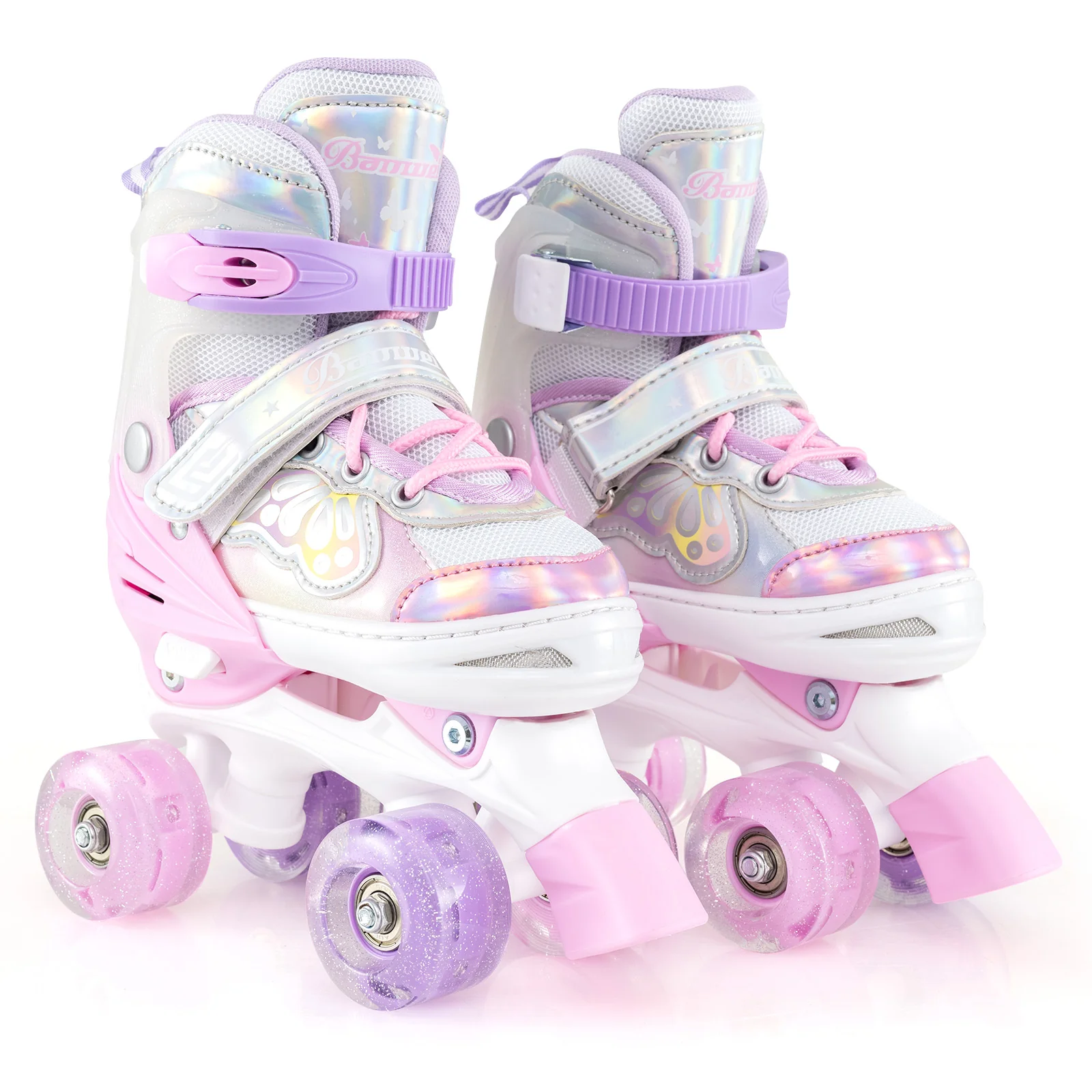 Kids Roller Skates 4 Sizes Adjustable Quad Skates with Light-up Wheels and Safety Protection, Pink - Image 4