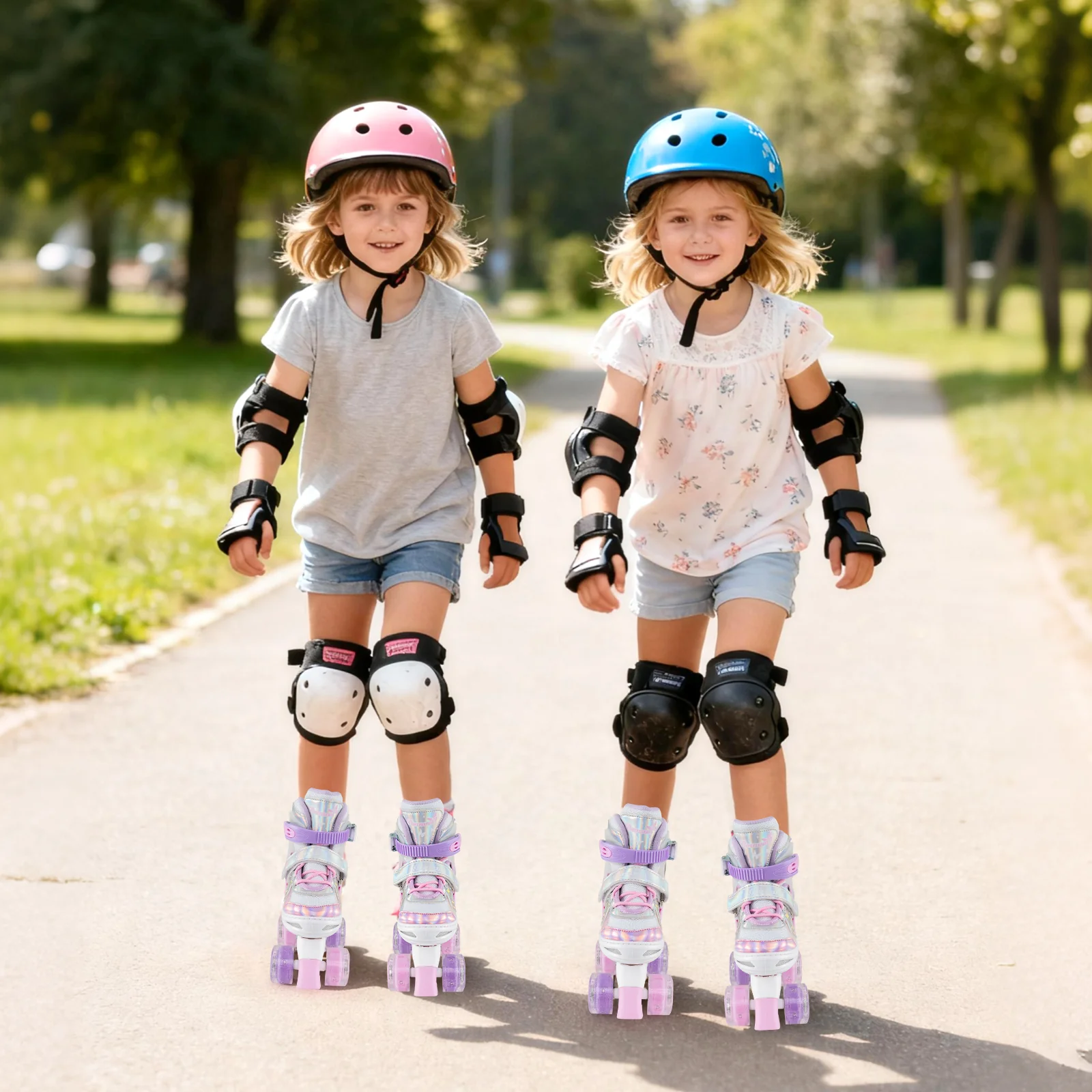 Kids Roller Skates 4 Sizes Adjustable Quad Skates with Light-up Wheels and Safety Protection, Pink - Image 6