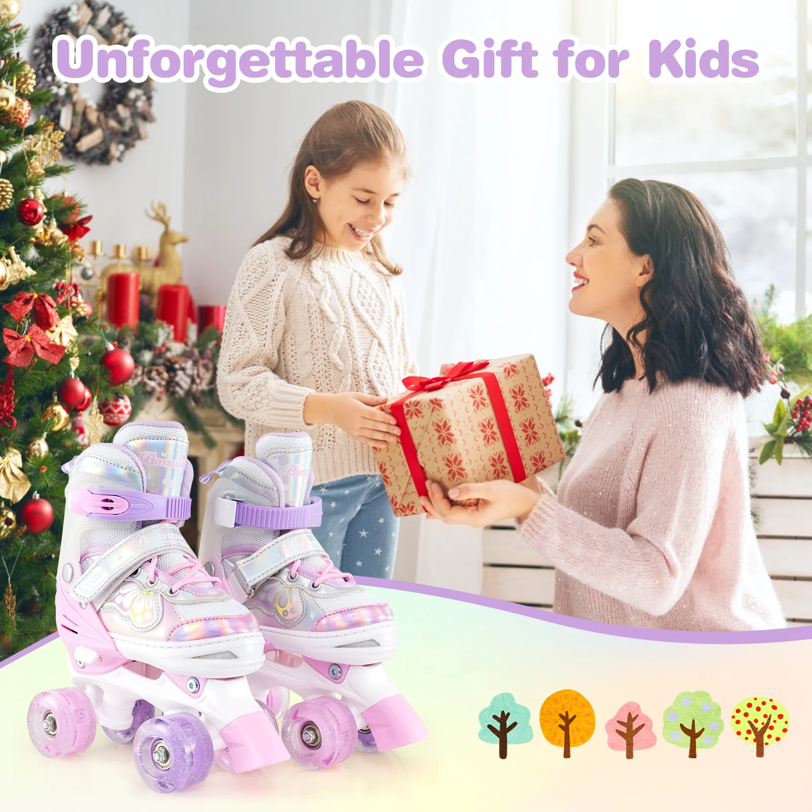 Kids Roller Skates 4 Sizes Adjustable Quad Skates with Light-up Wheels and Safety Protection, Pink - Image 7