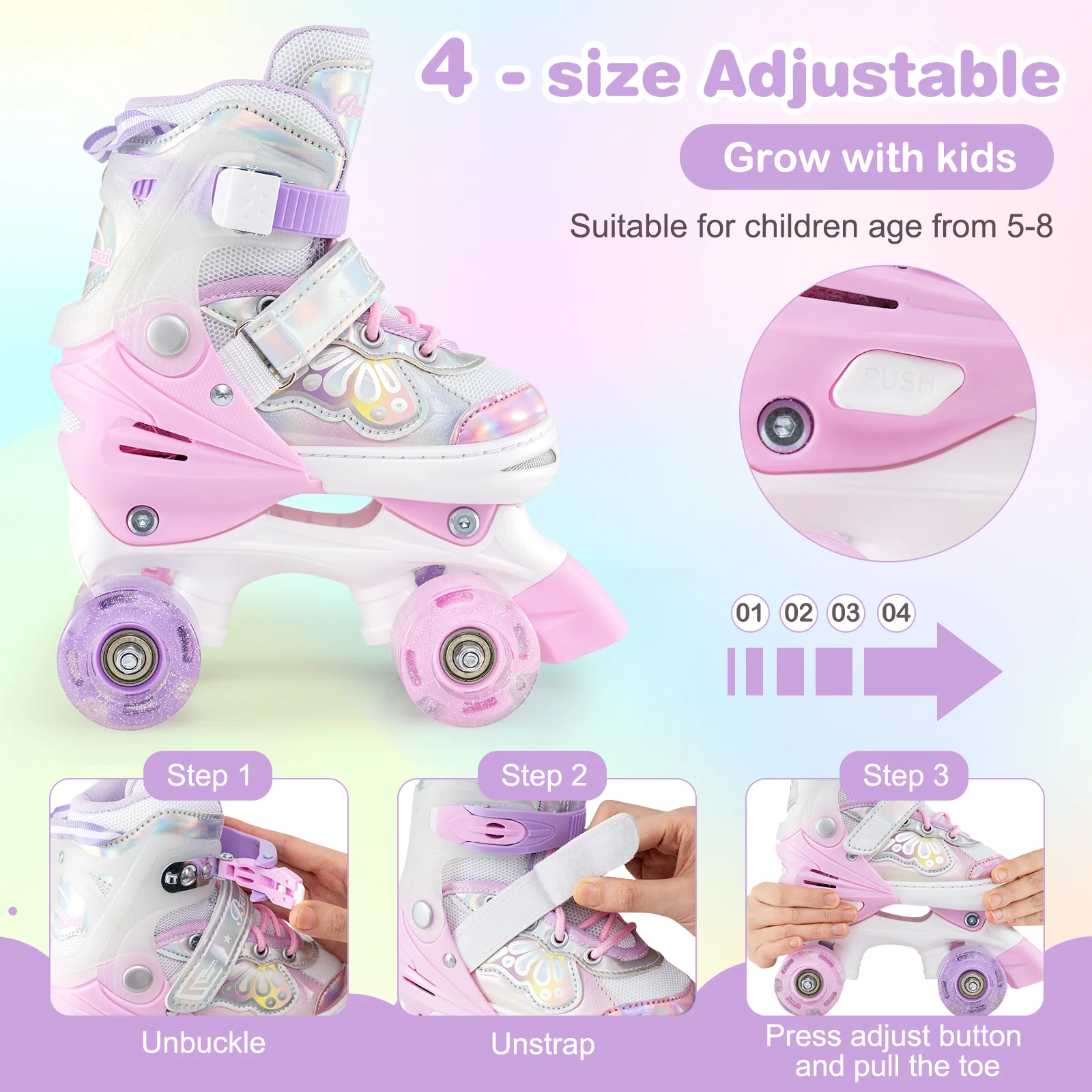 Kids Roller Skates 4 Sizes Adjustable Quad Skates with Light-up Wheels and Safety Protection, Pink - Image 8