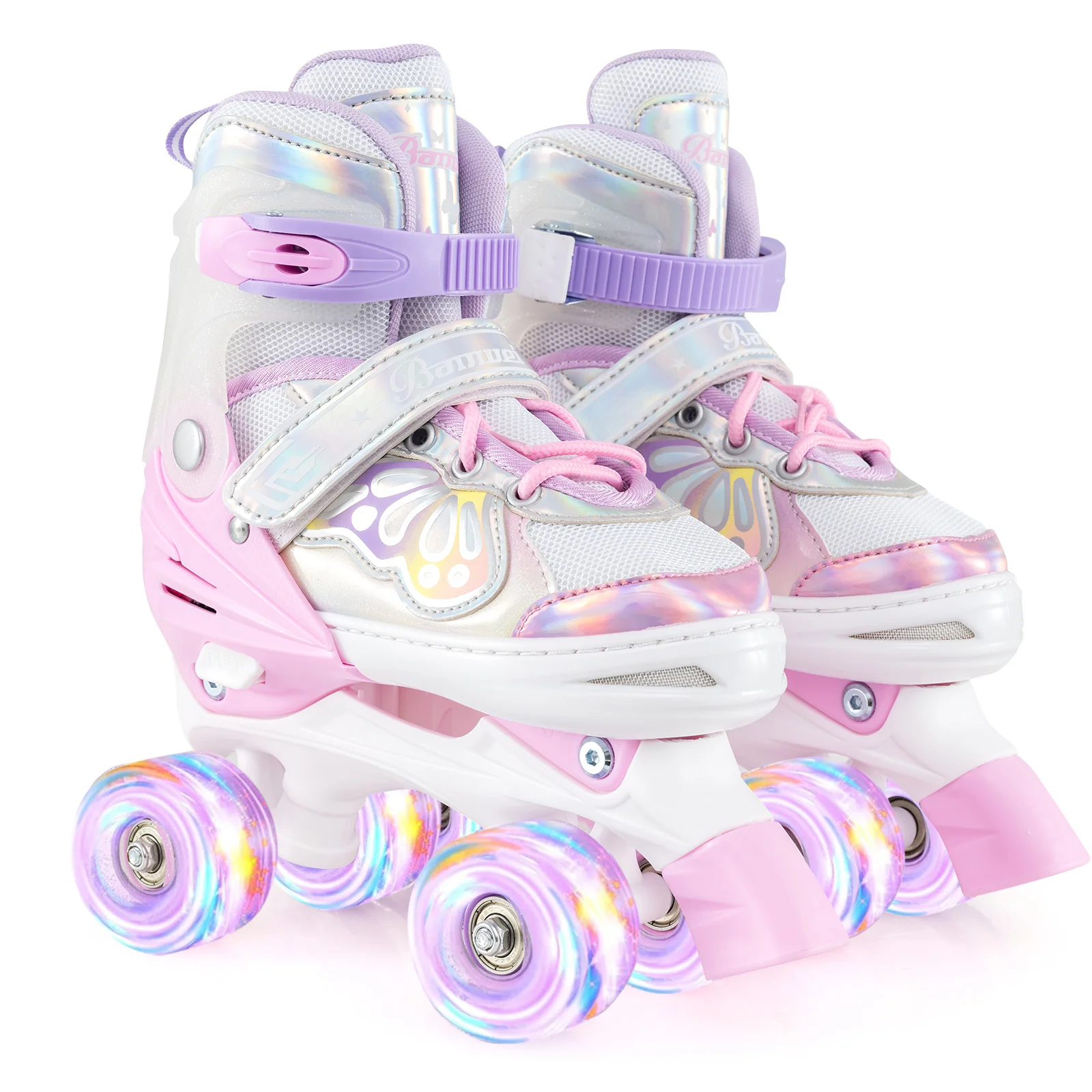 Kids Roller Skates 4 Sizes Adjustable Quad Skates with Light-up Wheels, Pink