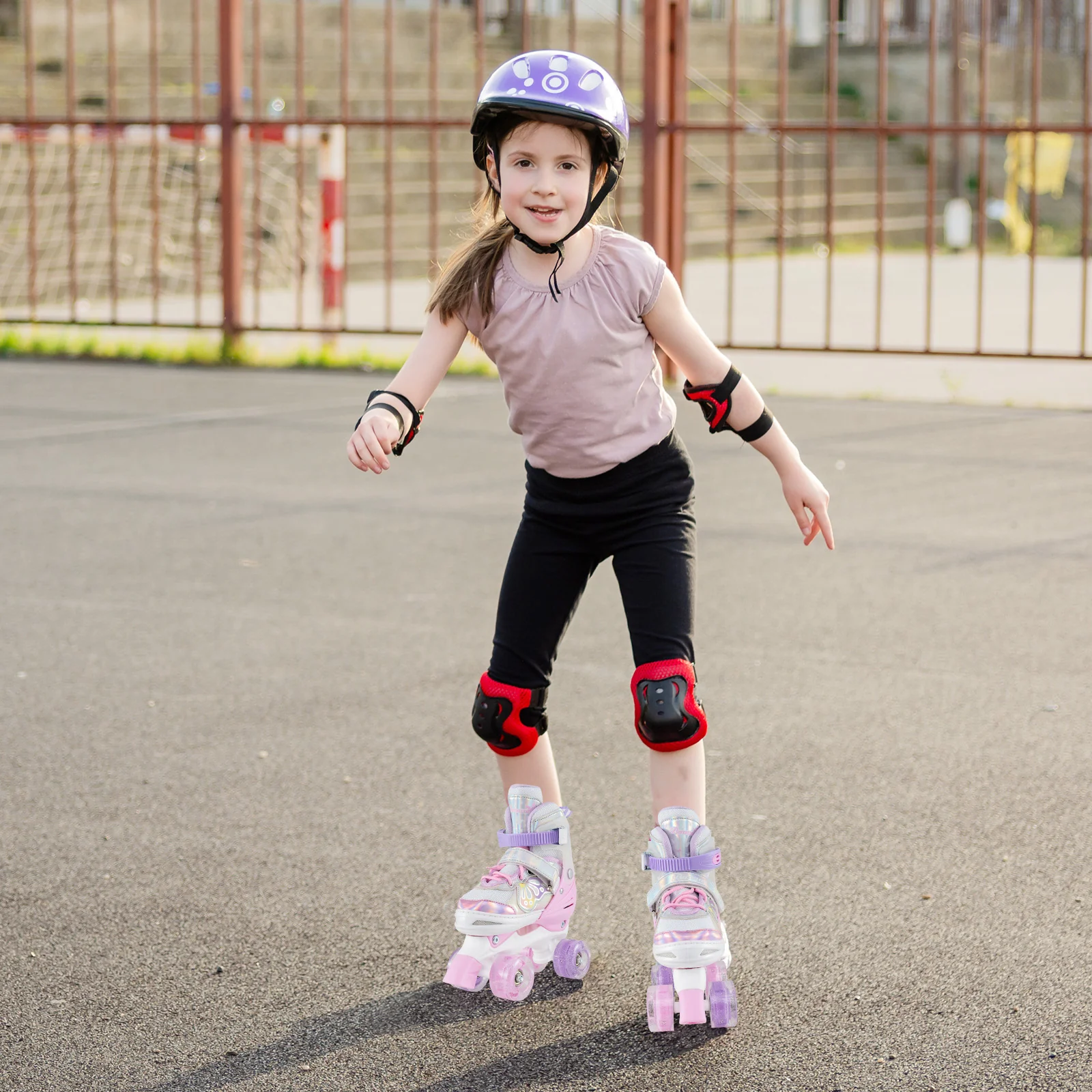 Kids Roller Skates 4 Sizes Adjustable Quad Skates with Light-up Wheels, Pink - Image 2