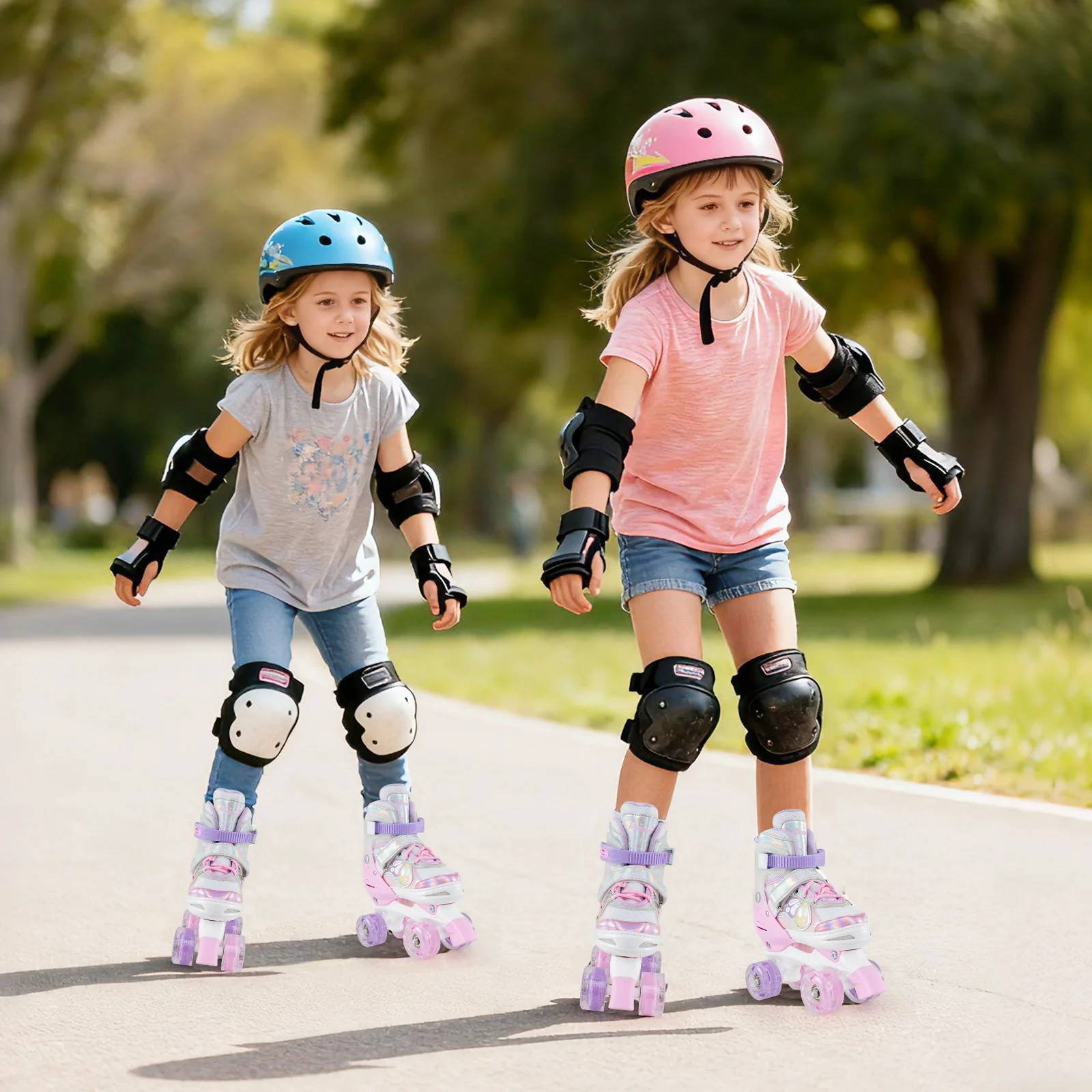 Kids Roller Skates 4 Sizes Adjustable Quad Skates with Light-up Wheels, Pink - Image 3