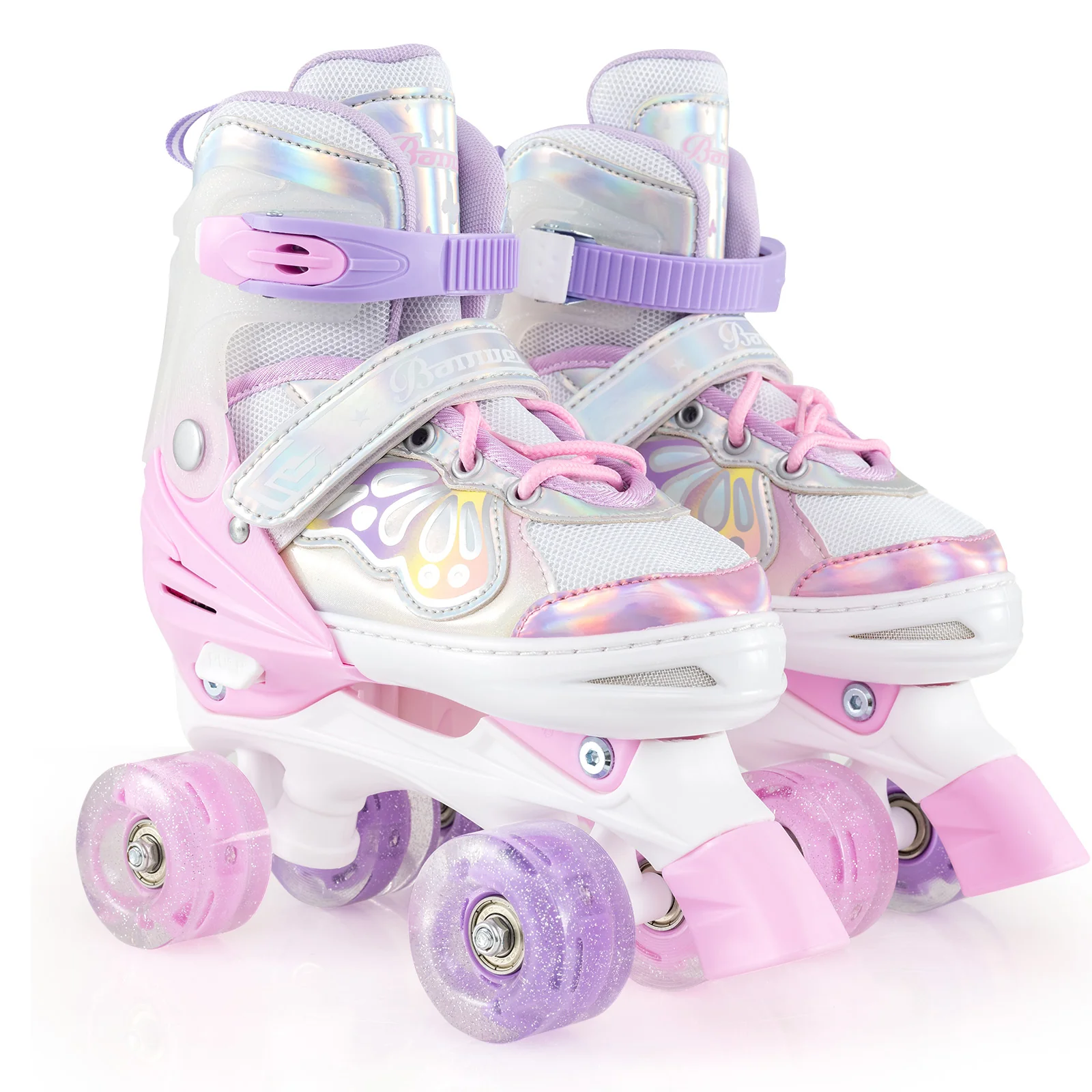 Kids Roller Skates 4 Sizes Adjustable Quad Skates with Light-up Wheels, Pink - Image 5