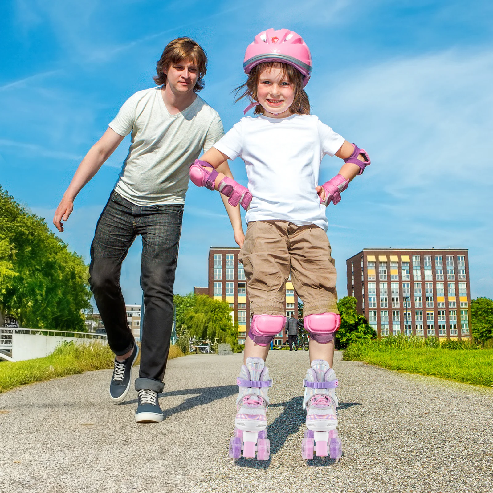 Kids Roller Skates 4 Sizes Adjustable Quad Skates with Light-up Wheels, Pink - Image 7