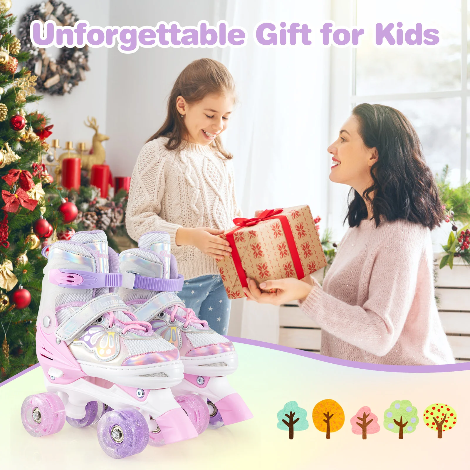 Kids Roller Skates 4 Sizes Adjustable Quad Skates with Light-up Wheels, Pink - Image 8