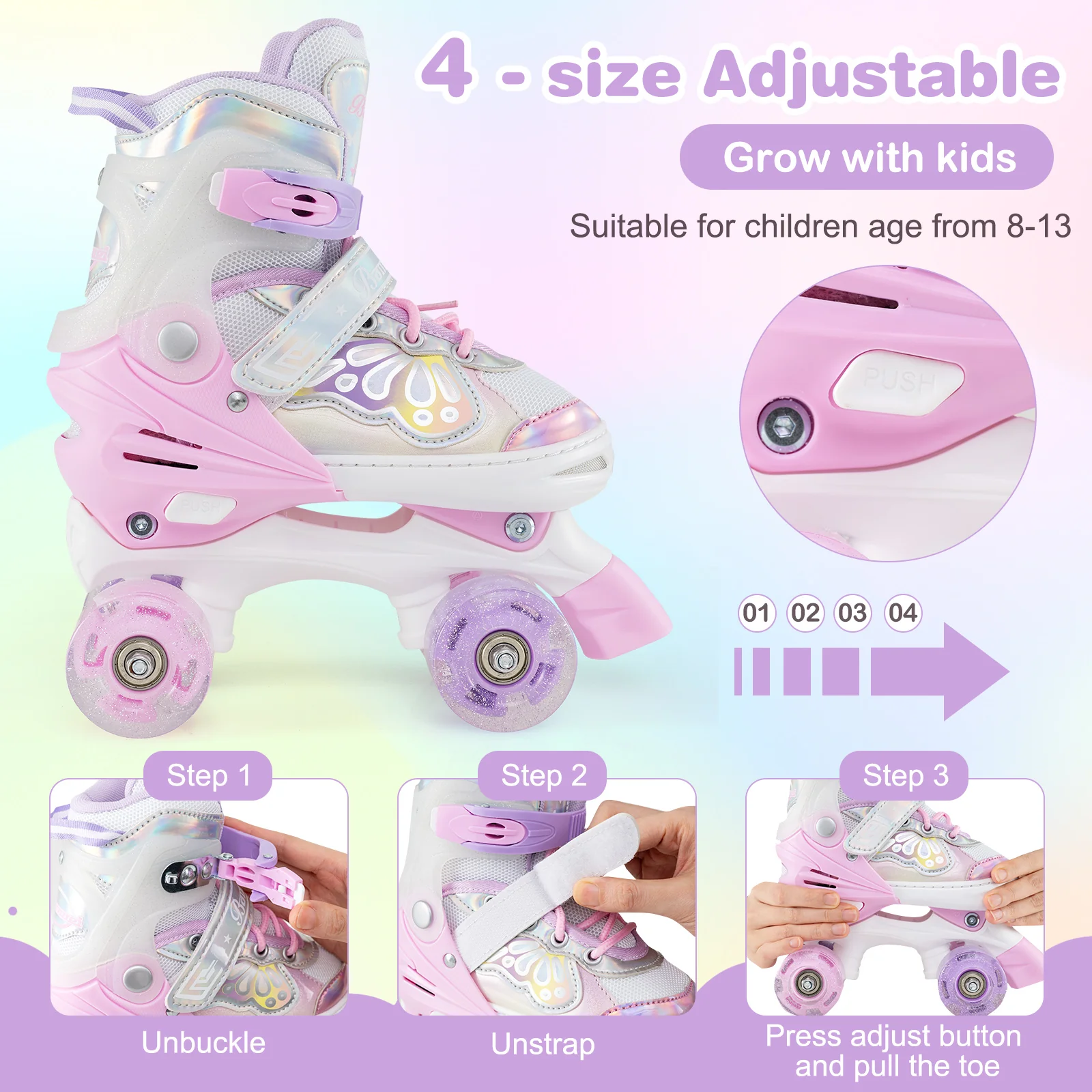 Kids Roller Skates 4 Sizes Adjustable Quad Skates with Light-up Wheels, Pink - Image 9
