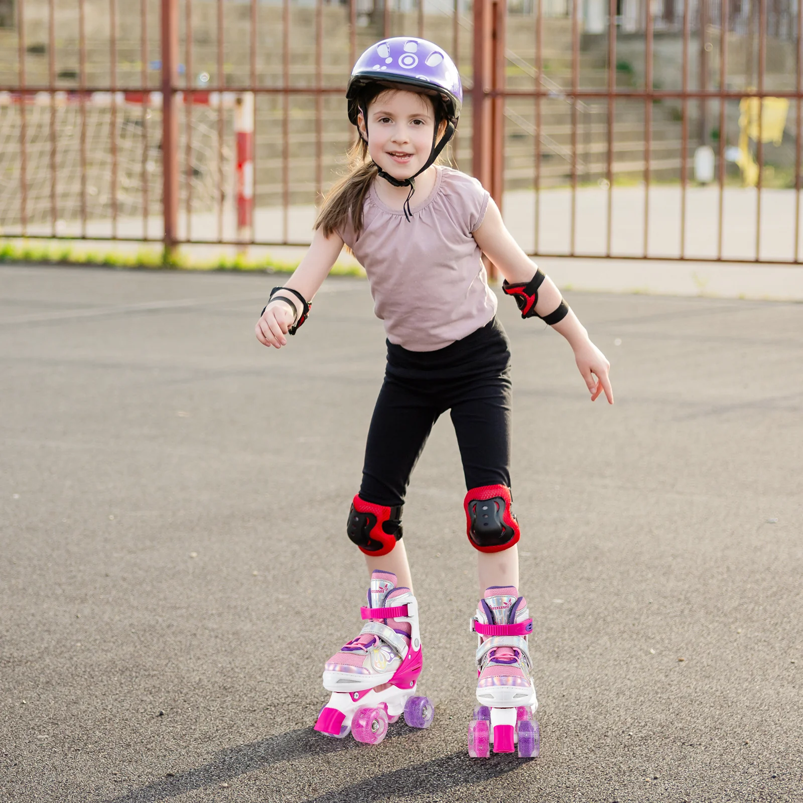 Kids Roller Skates 4 Sizes Adjustable Quad Skates with Light-up Wheels, Rose Red - Image 2