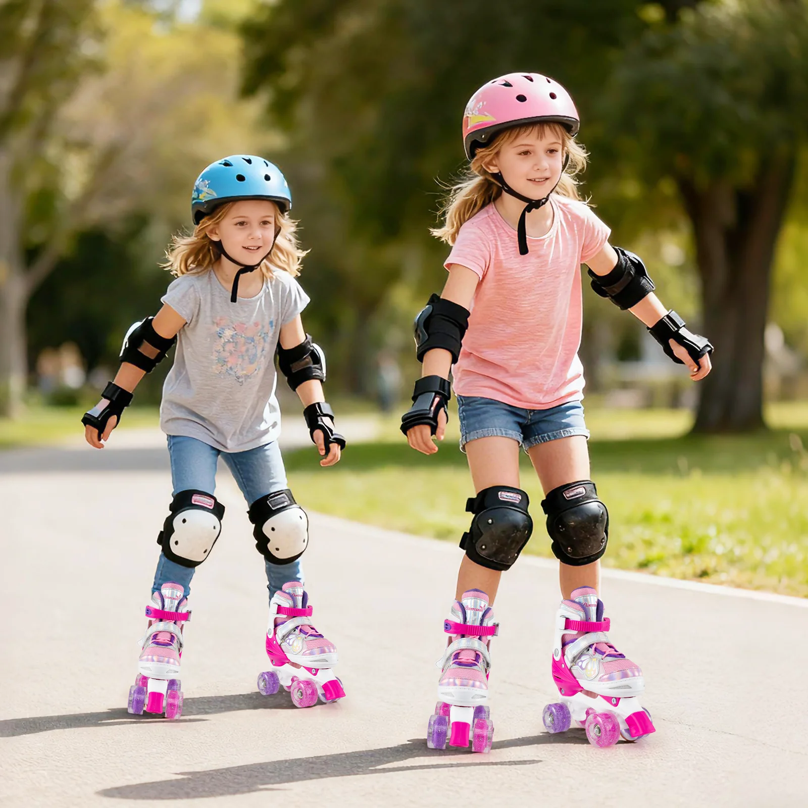 Kids Roller Skates 4 Sizes Adjustable Quad Skates with Light-up Wheels, Rose Red - Image 3