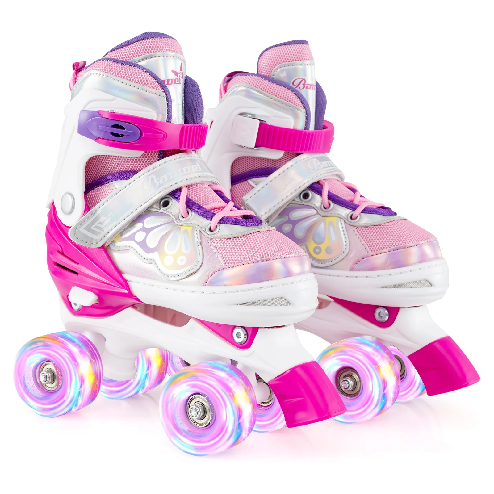 Kids Roller Skates 4 Sizes Adjustable Quad Skates with Light-up Wheels, Rose Red - Image 4