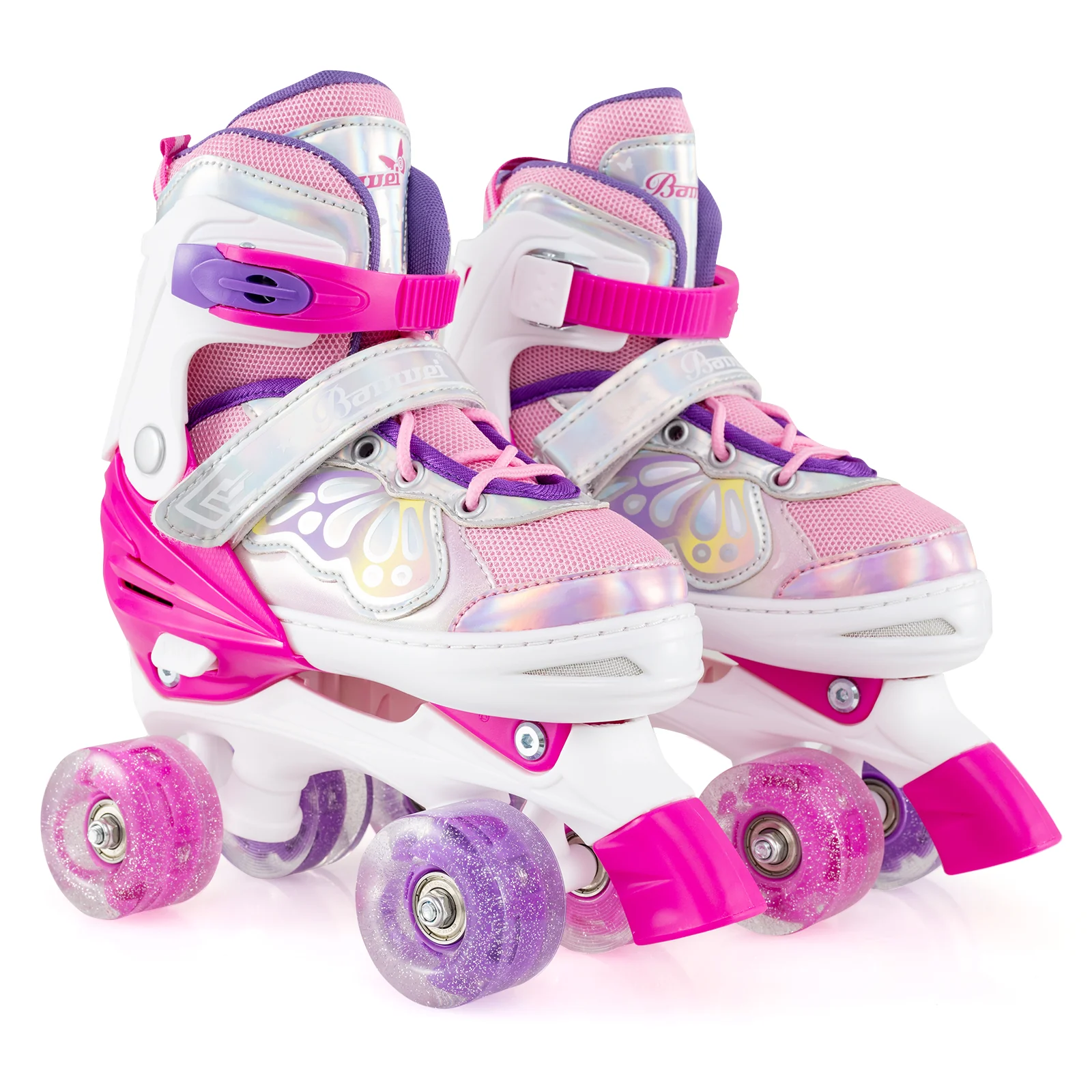 Kids Roller Skates 4 Sizes Adjustable Quad Skates with Light-up Wheels, Rose Red - Image 5