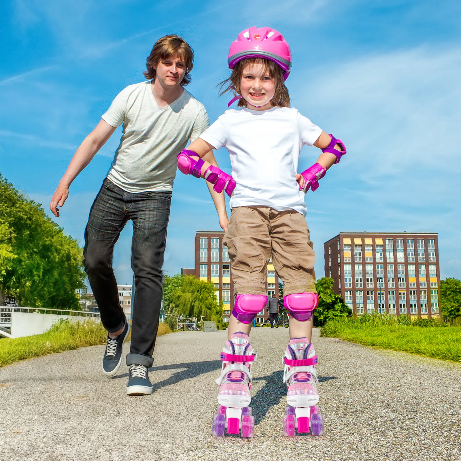 Kids Roller Skates 4 Sizes Adjustable Quad Skates with Light-up Wheels, Rose Red - Image 7