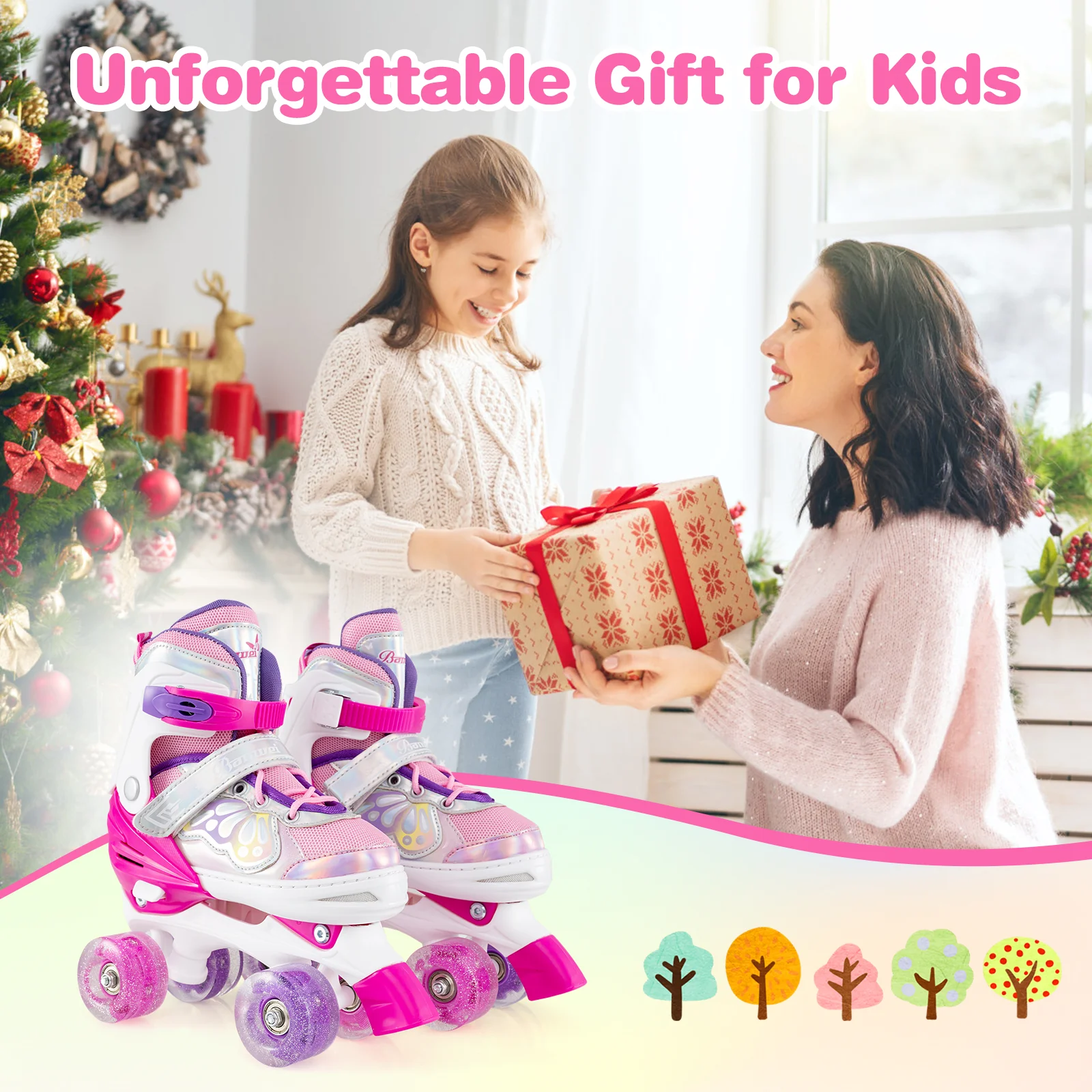Kids Roller Skates 4 Sizes Adjustable Quad Skates with Light-up Wheels, Rose Red - Image 8
