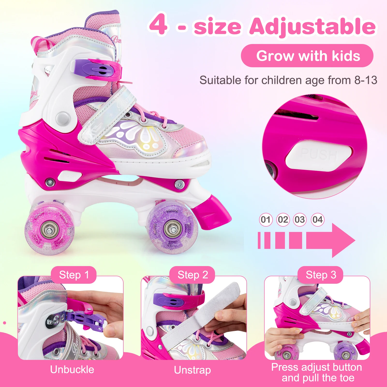Kids Roller Skates 4 Sizes Adjustable Quad Skates with Light-up Wheels, Rose Red - Image 9