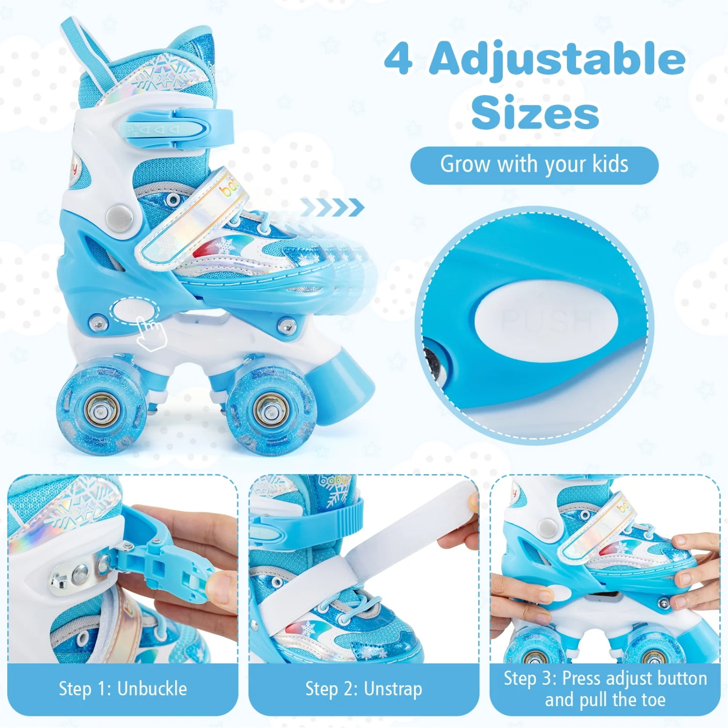 Kids Roller Skates 4 Sizes Adjustable with Light-up Wheels for Toddler Aged 3-4 (XS), Blue - Image 7