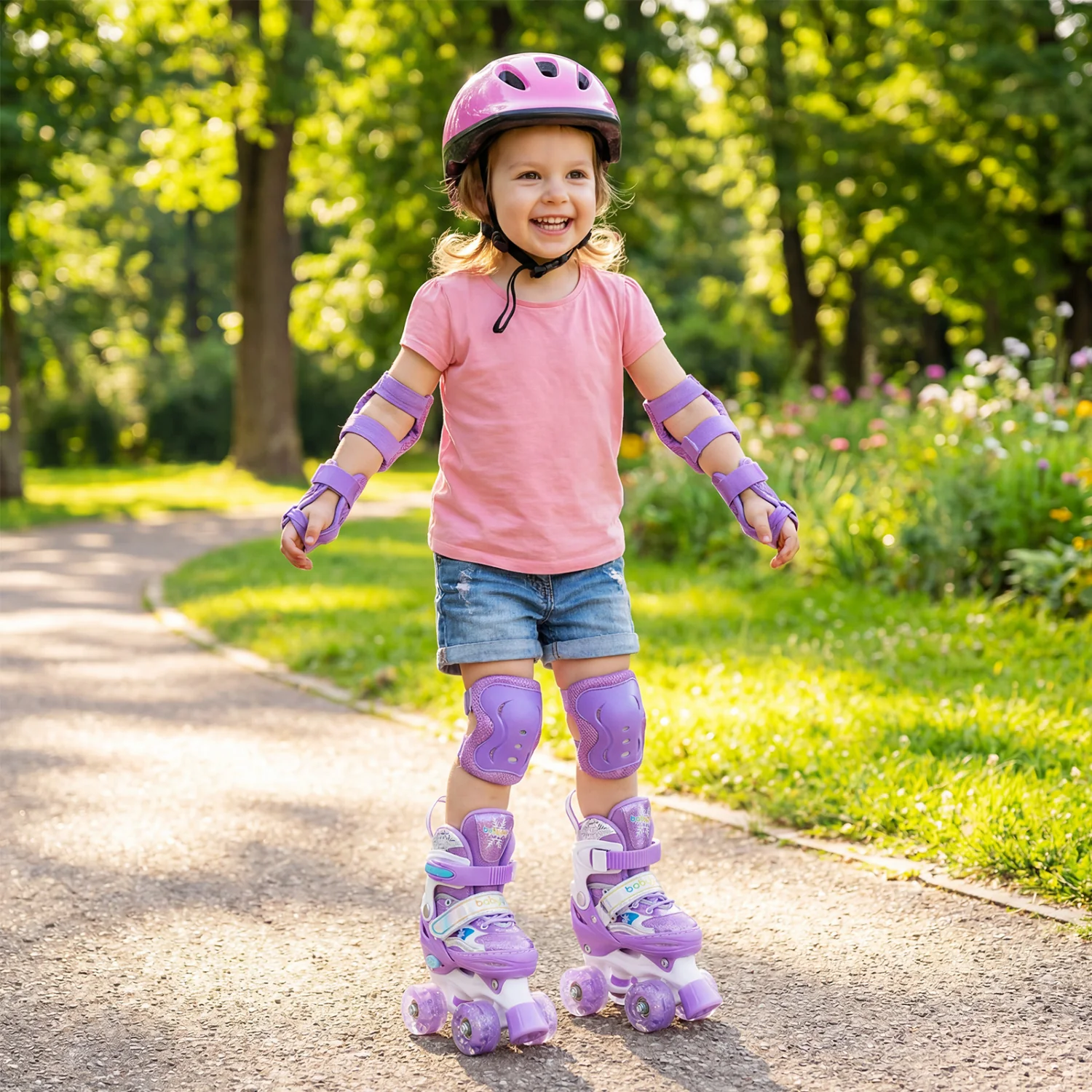 Kids Roller Skates 4 Sizes Adjustable with Light-up Wheels for Toddler Aged 3-4 (XS), Purple - Image 3