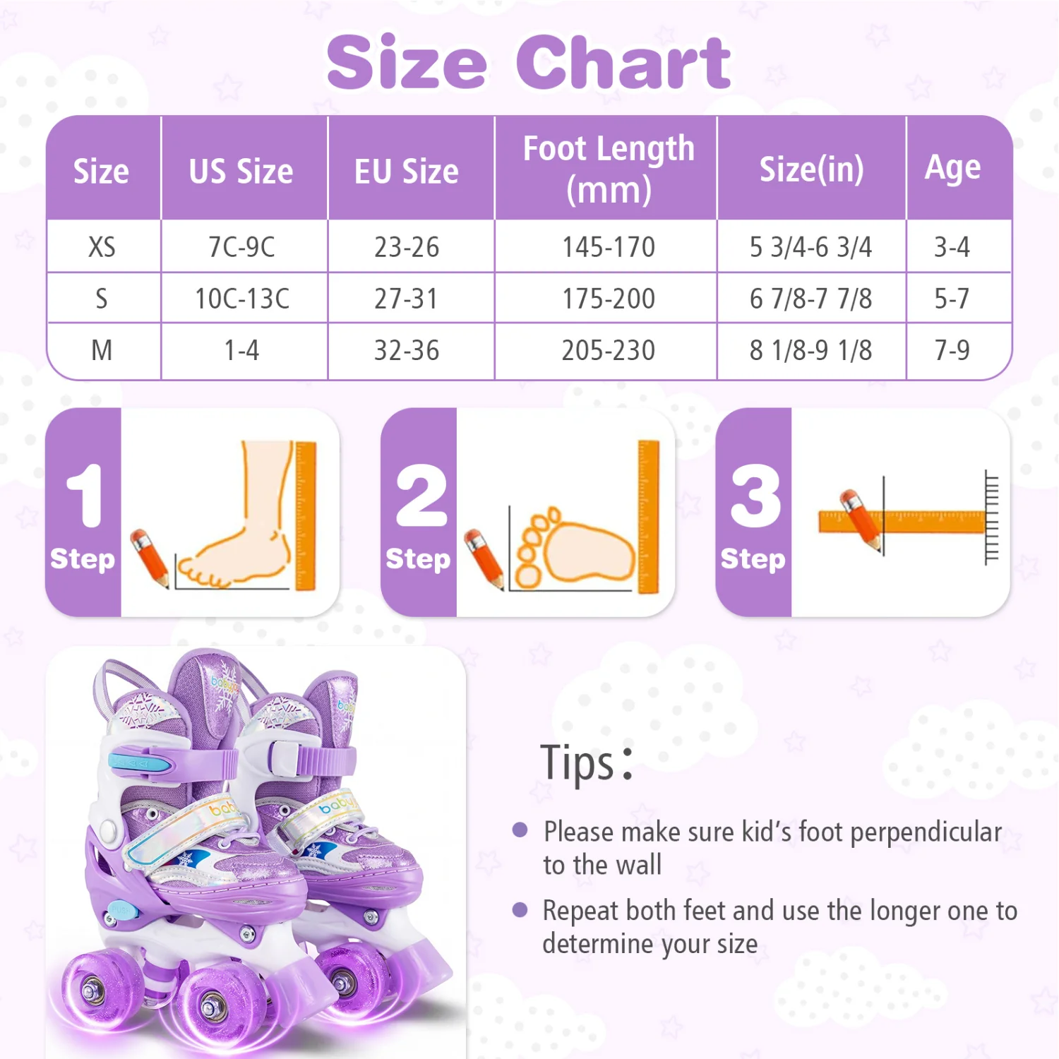 Kids Roller Skates 4 Sizes Adjustable with Light-up Wheels for Toddler Aged 3-4 (XS), Purple - Image 5