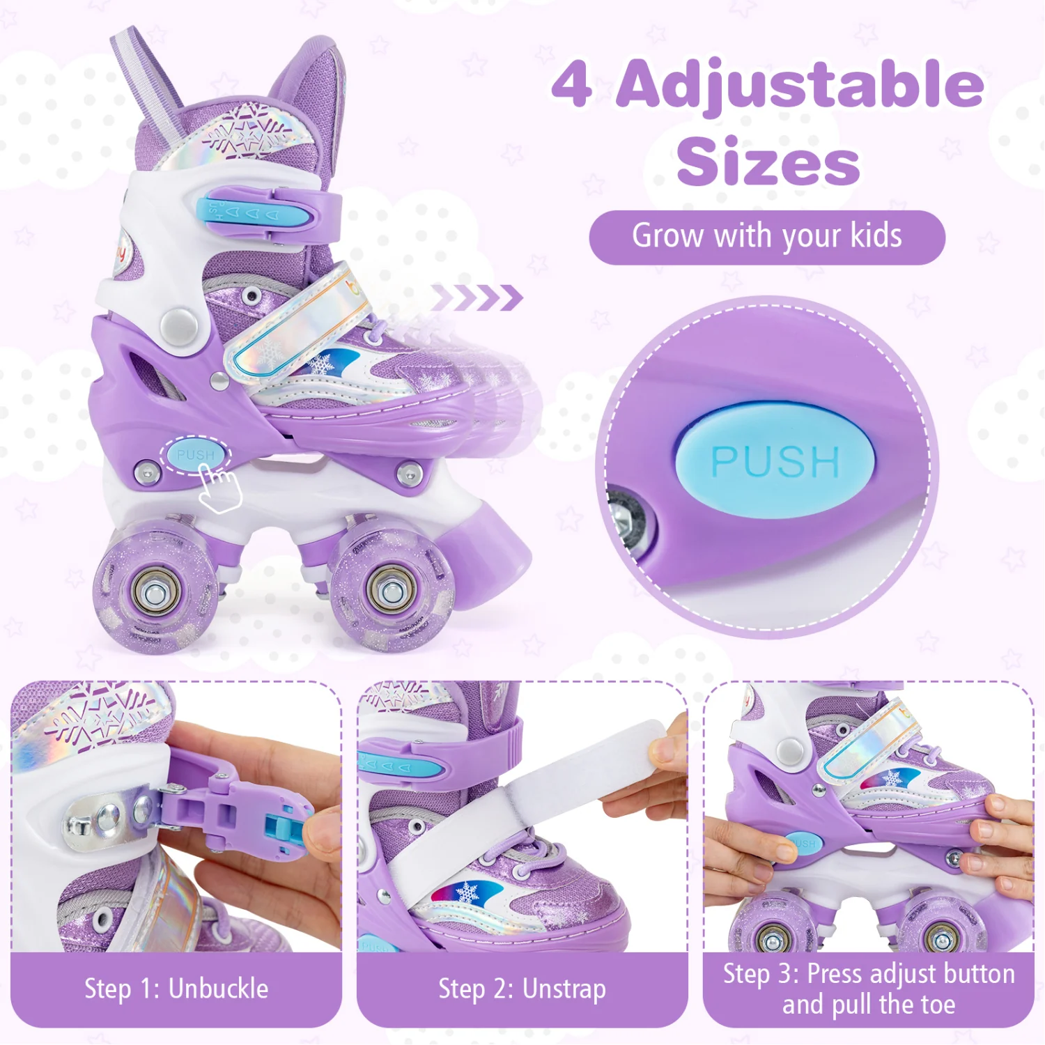 Kids Roller Skates 4 Sizes Adjustable with Light-up Wheels for Toddler Aged 3-4 (XS), Purple - Image 7