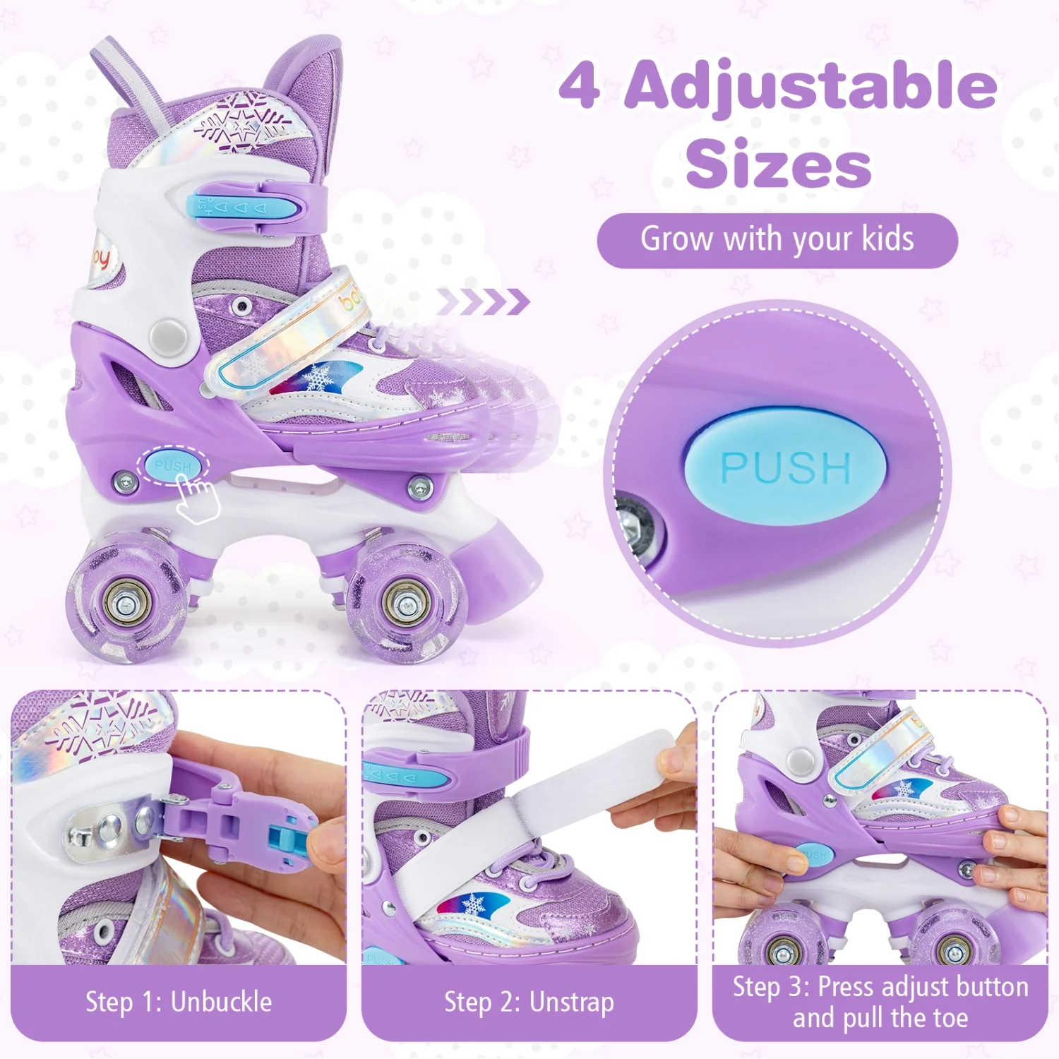 Kids Roller Skates 4 Sizes Adjustable with Light-up Wheels for Toddler Aged 5-7 (S), Purple - Image 7