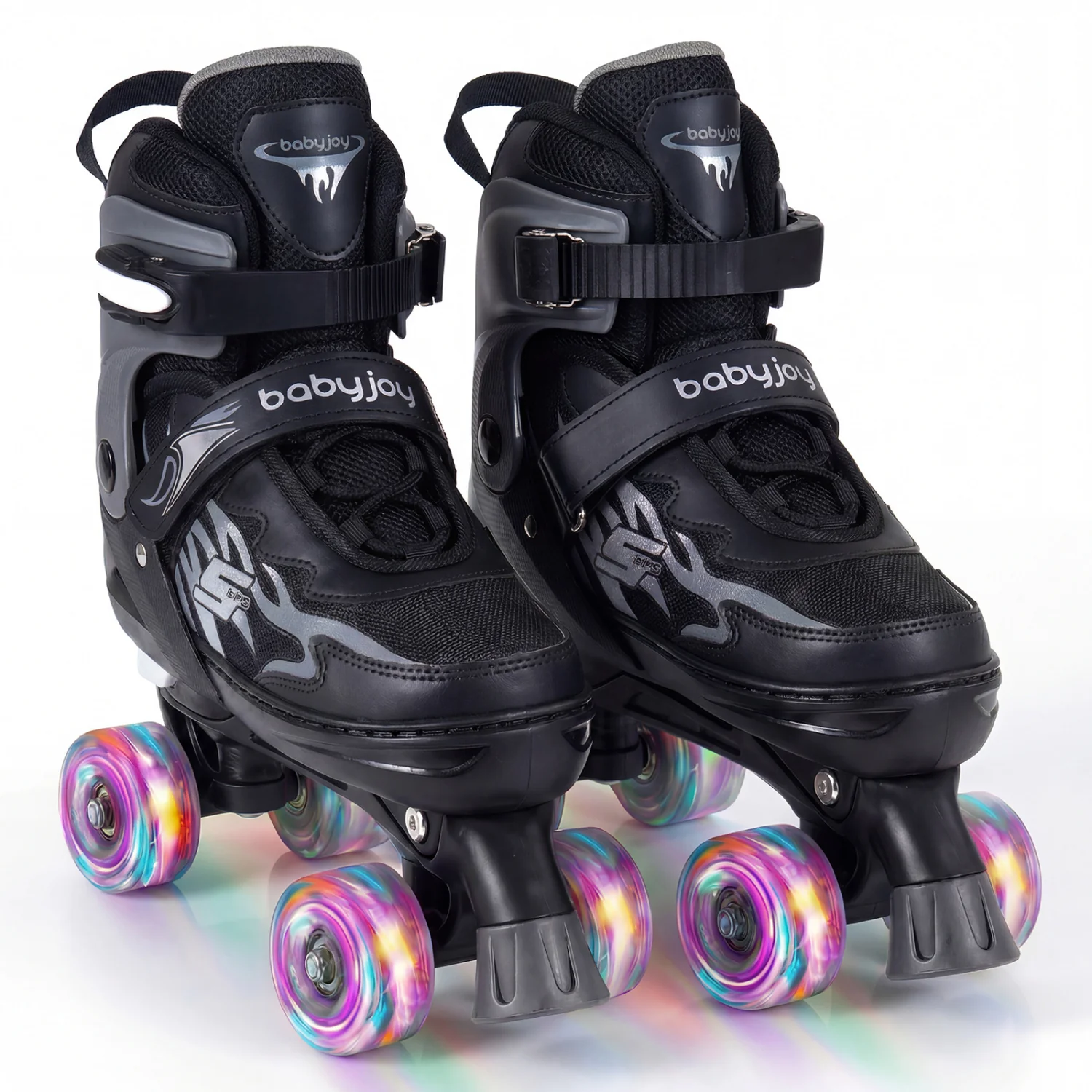 Kids Roller Skates, Adjustable Quad, Light-Up Wheels, Black
