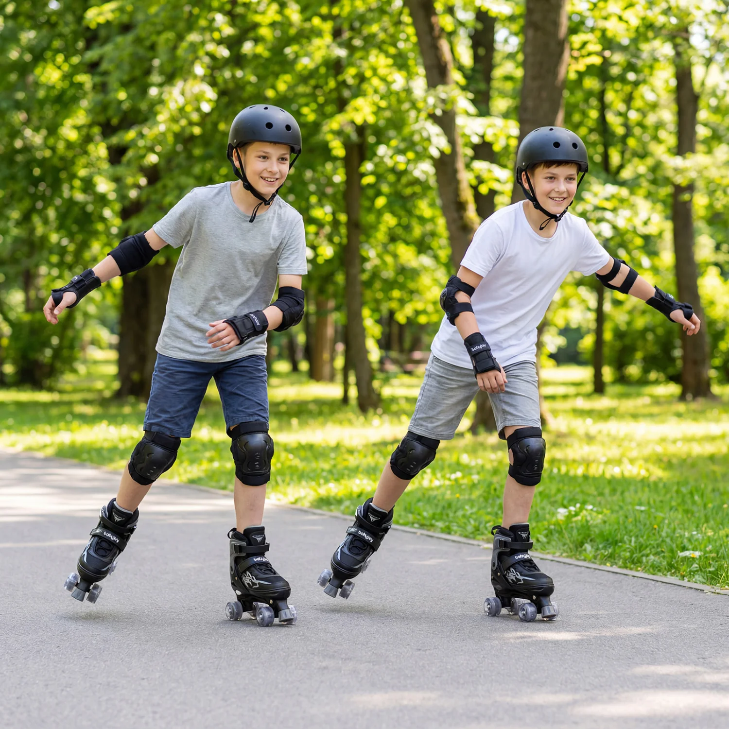 Kids Roller Skates, Adjustable Quad, Light-Up Wheels, Black - Image 2