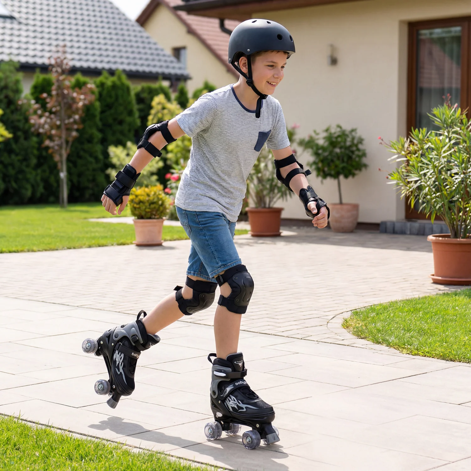 Kids Roller Skates, Adjustable Quad, Light-Up Wheels, Black - Image 3