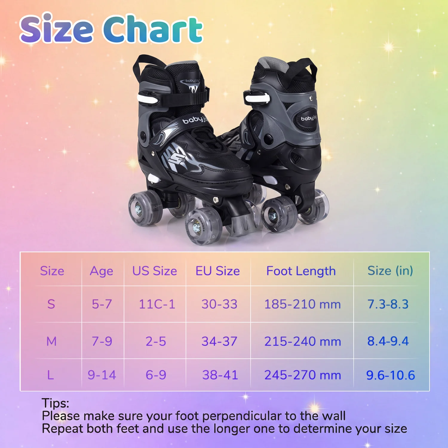 Kids Roller Skates, Adjustable Quad, Light-Up Wheels, Black - Image 5