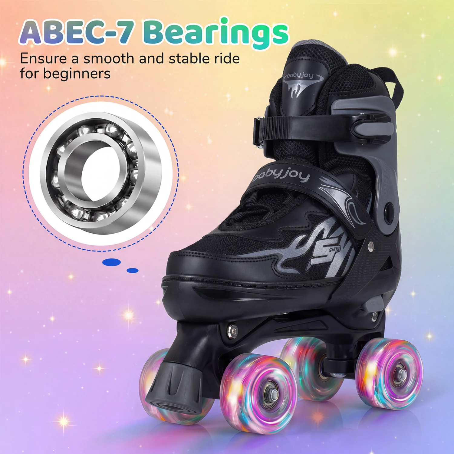 Kids Roller Skates, Adjustable Quad, Light-Up Wheels, Black - Image 8